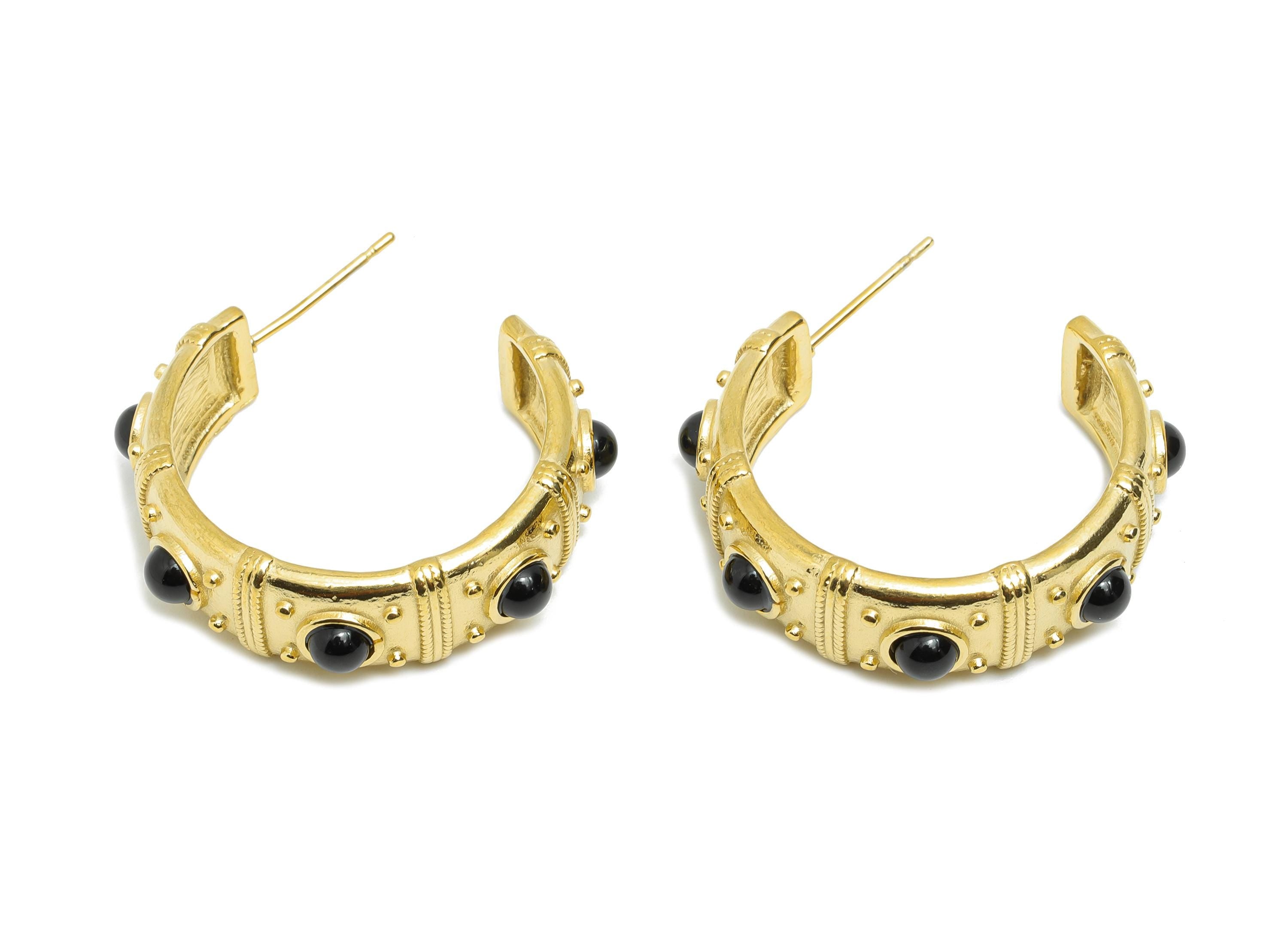 Black Agate C Hoop Studs - Ancient Roman Style - Greek Vintage Style - Steel Natural Stone Post - 18K Gold Plated - 31.75x9x2.68mm - SS2244 - DOMEDBAZAAR