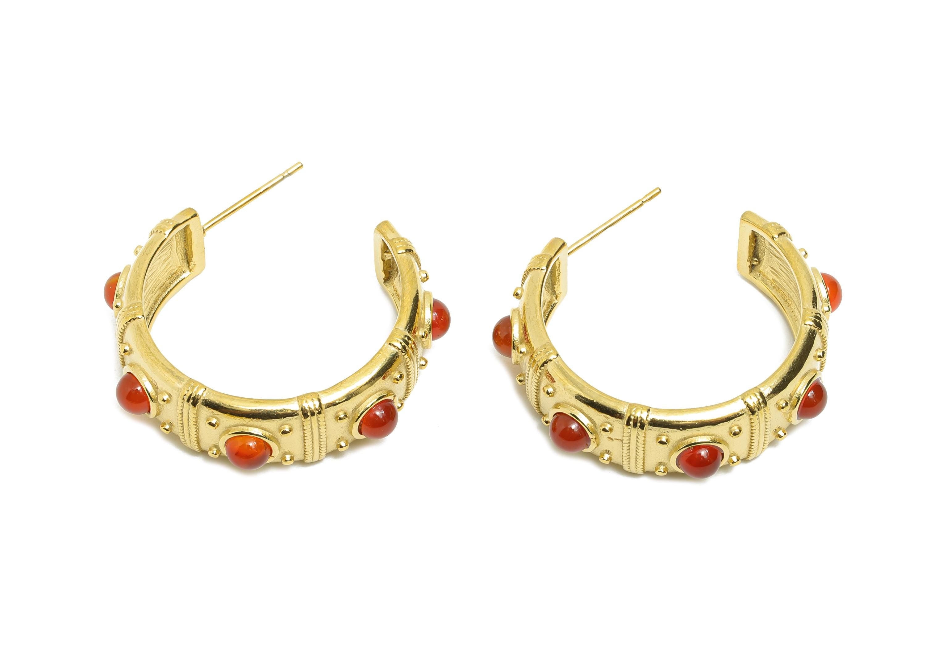 Red Agate C Hoop Stud - Ancient Roman Style - Greek Vintage Style - Steel Natural Stone Hoop Stud - 18K Gold Plated - 31.75x9x2.68mm -SS2245 - DOMEDBAZAAR