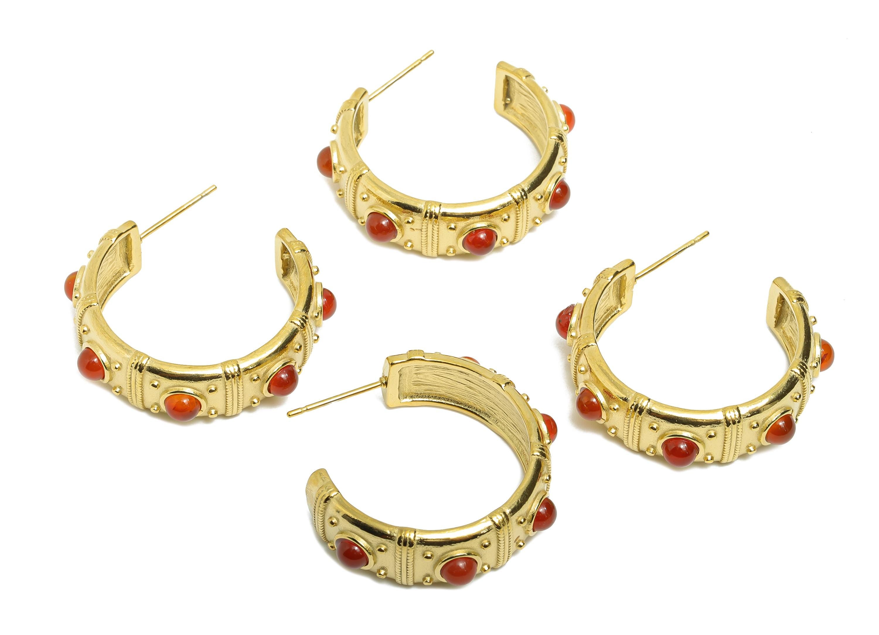 Red Agate C Hoop Stud - Ancient Roman Style - Greek Vintage Style - Steel Natural Stone Hoop Stud - 18K Gold Plated - 31.75x9x2.68mm -SS2245 - DOMEDBAZAAR