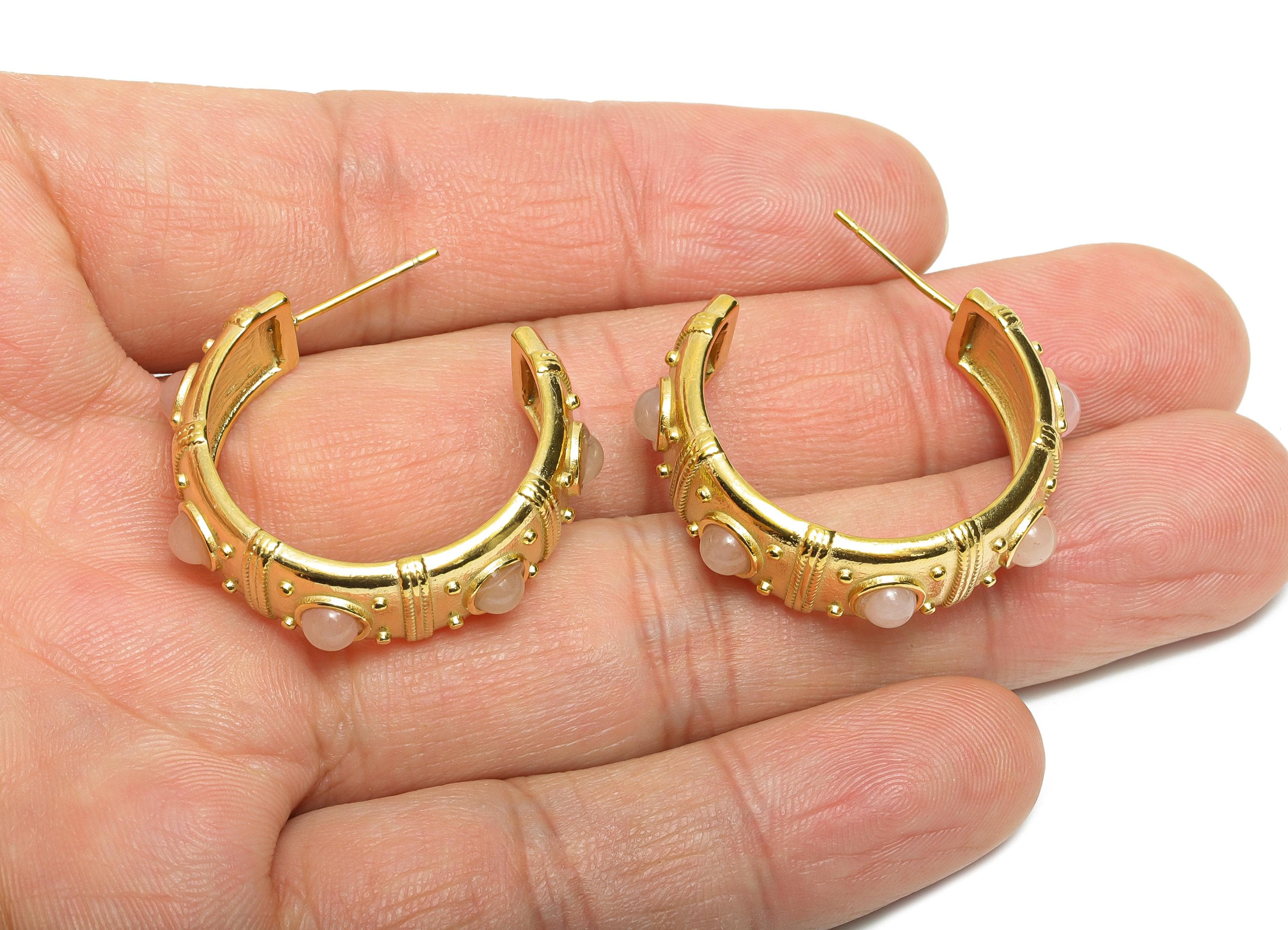 Pink Quartz C Hoop Studs - Ancient Roman Style - Greek Vintage Style - Steel Natural Stone Post - 18K Gold Plated - 31.75x9x2.68mm - SS2246 - DOMEDBAZAAR