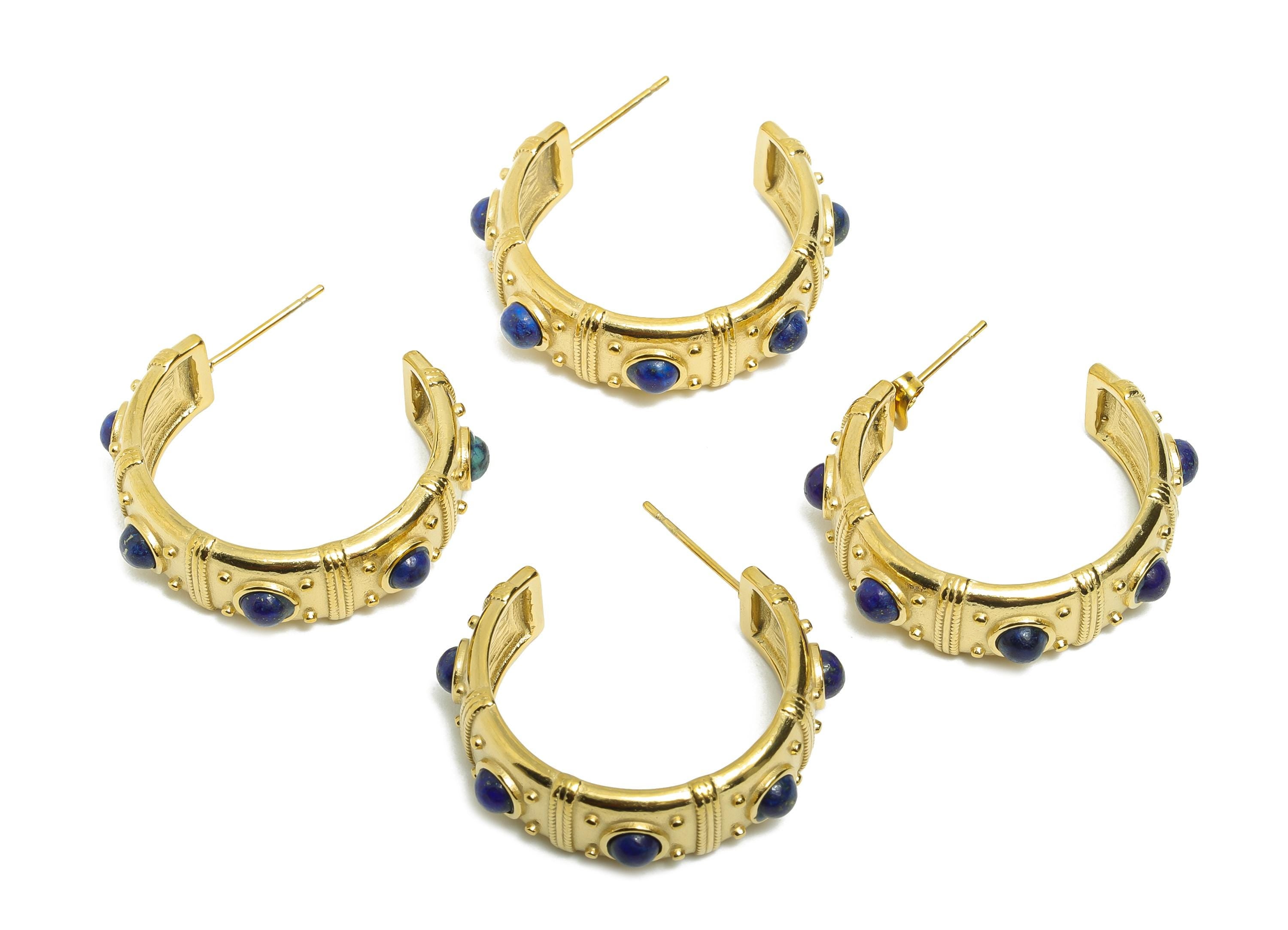 Lapis Lazuli C Hoop Stud - Ancient Roman Style - Greek Vintage Style - Steel Natural Stone Post - 18K Gold Plated - 31.75x9x2.68mm -SS2248 - DOMEDBAZAAR