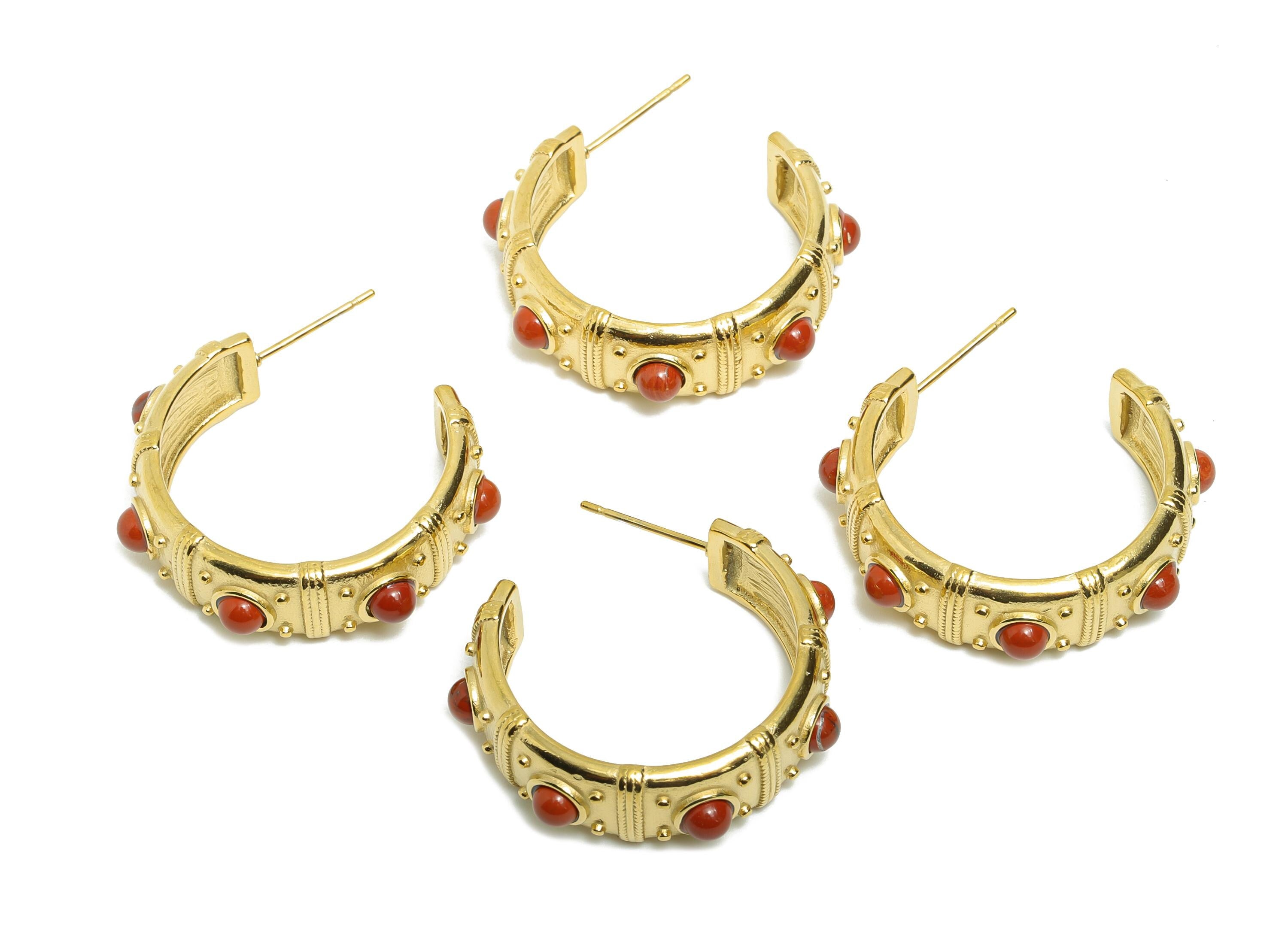 Red Natural Stone C Hoop Stud - Ancient Roman Style - Greek Vintage Style - Steel Natural Stone Post - 18K Gold Plated - 31x9x2.7mm - SS2250 - DOMEDBAZAAR