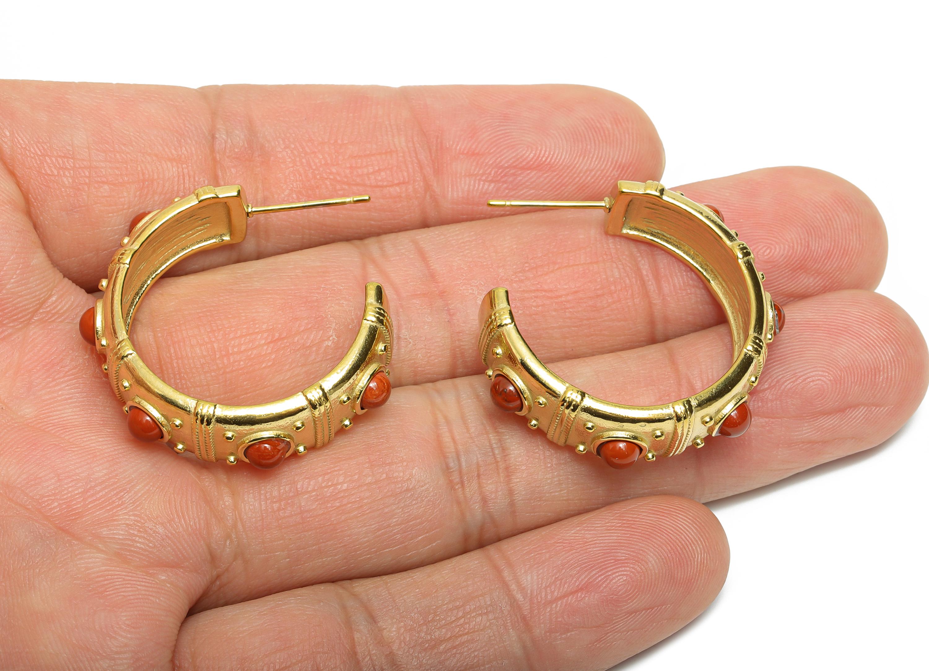 Red Natural Stone C Hoop Stud - Ancient Roman Style - Greek Vintage Style - Steel Natural Stone Post - 18K Gold Plated - 31x9x2.7mm - SS2250 - DOMEDBAZAAR