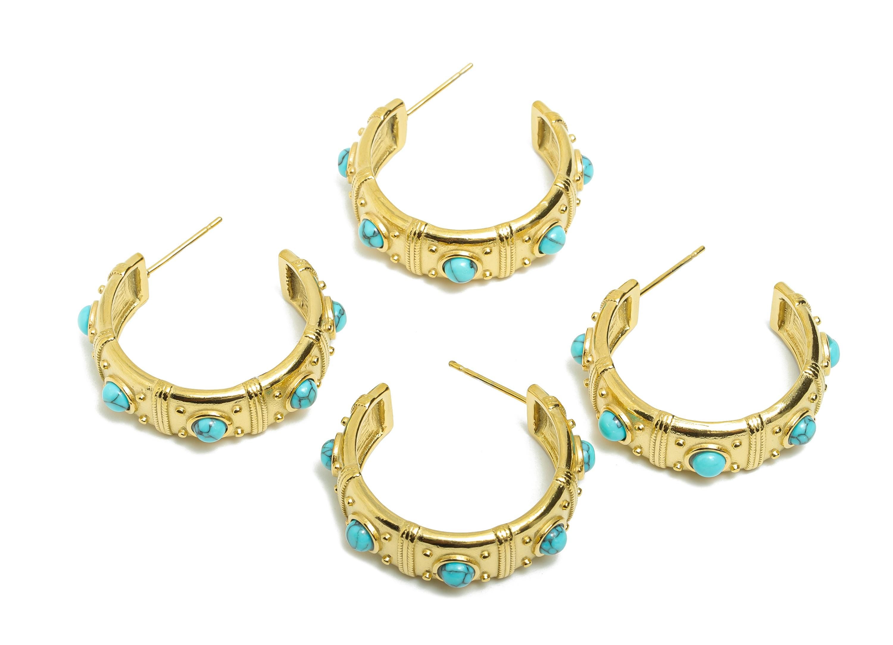 Blue Turquoise C Hoop Stud - Ancient Roman Style - Greek Vintage Style - Steel Natural Stone Post - 18K Gold Plated - 31.75x9x2.68mm -SS2251 - DOMEDBAZAAR