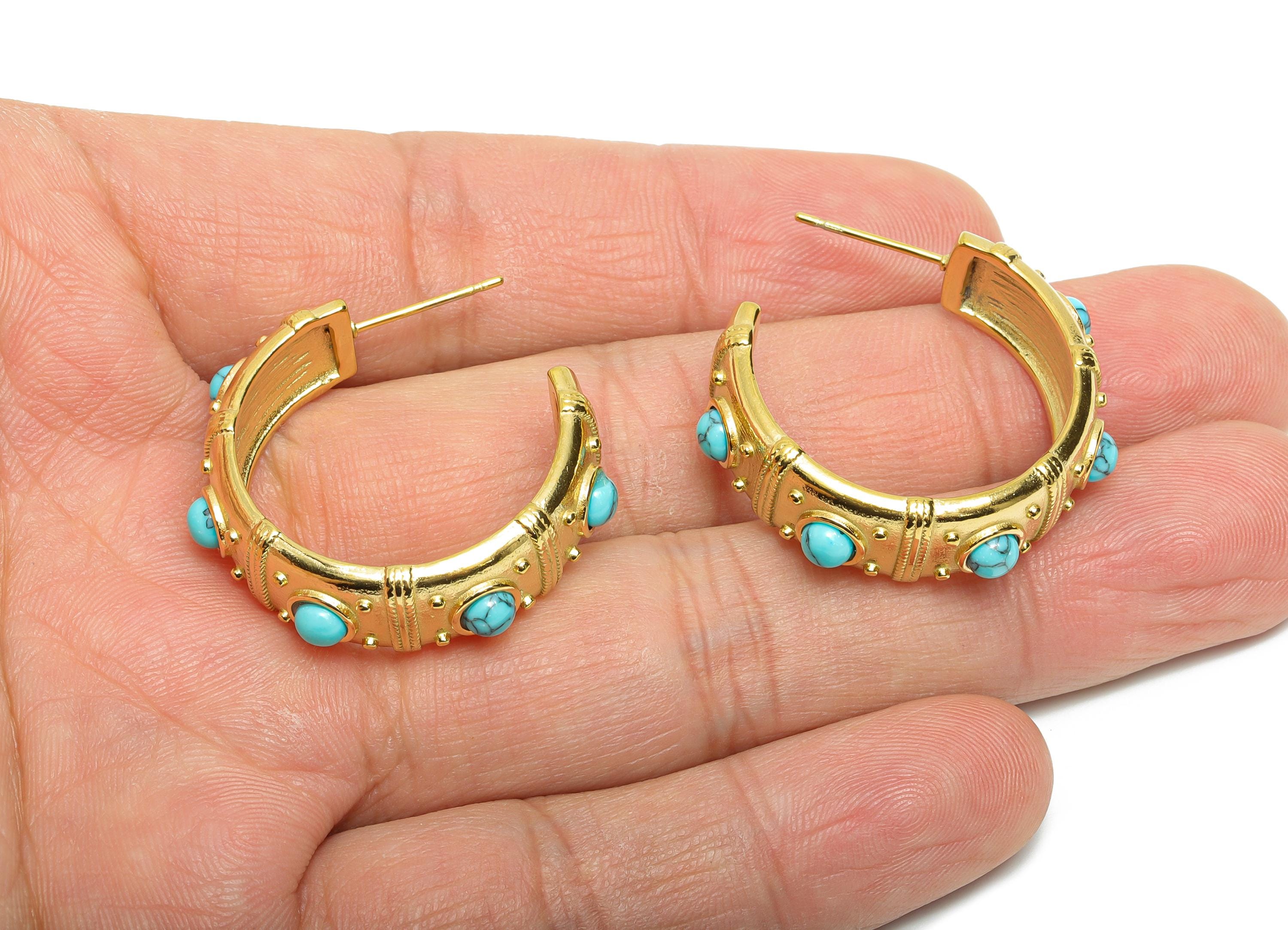 Blue Turquoise C Hoop Stud - Ancient Roman Style - Greek Vintage Style - Steel Natural Stone Post - 18K Gold Plated - 31.75x9x2.68mm -SS2251 - DOMEDBAZAAR