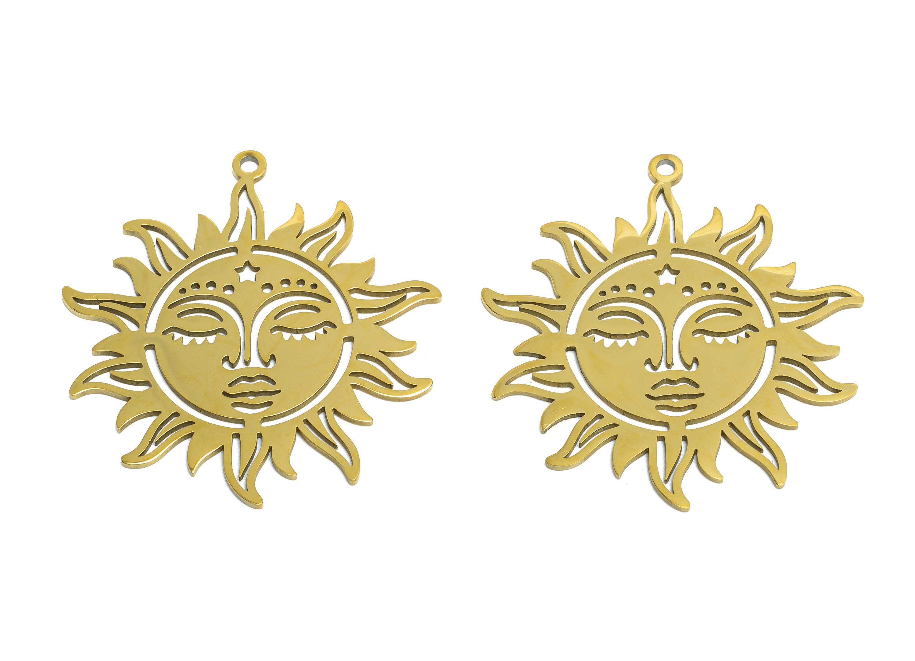 Celestial Sun Face Pendant - Steel Boho Sun Goddess Charm - Mystical Sunburst Pendant - 18K Real Vacuum Plated - 35.36x33x0.98mm - SS2619G - DOMEDBAZAAR