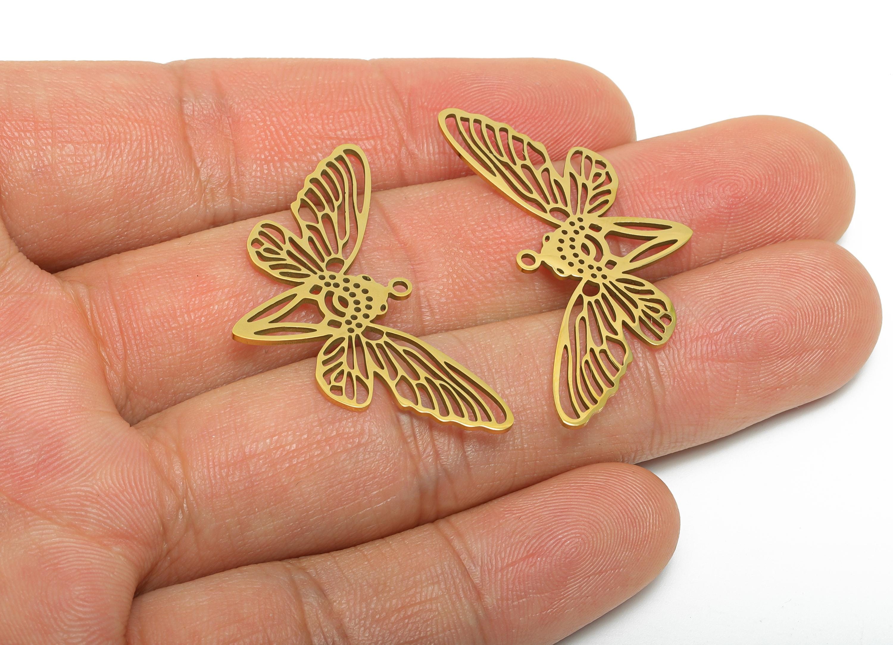 Cicada Metal Pendant - Stainless Steel Insect Charm - Gold Color Boho Bug Necklace Pendant - 8k Vacuum Gold Plating - 38x20x0.98mm - SS2616G