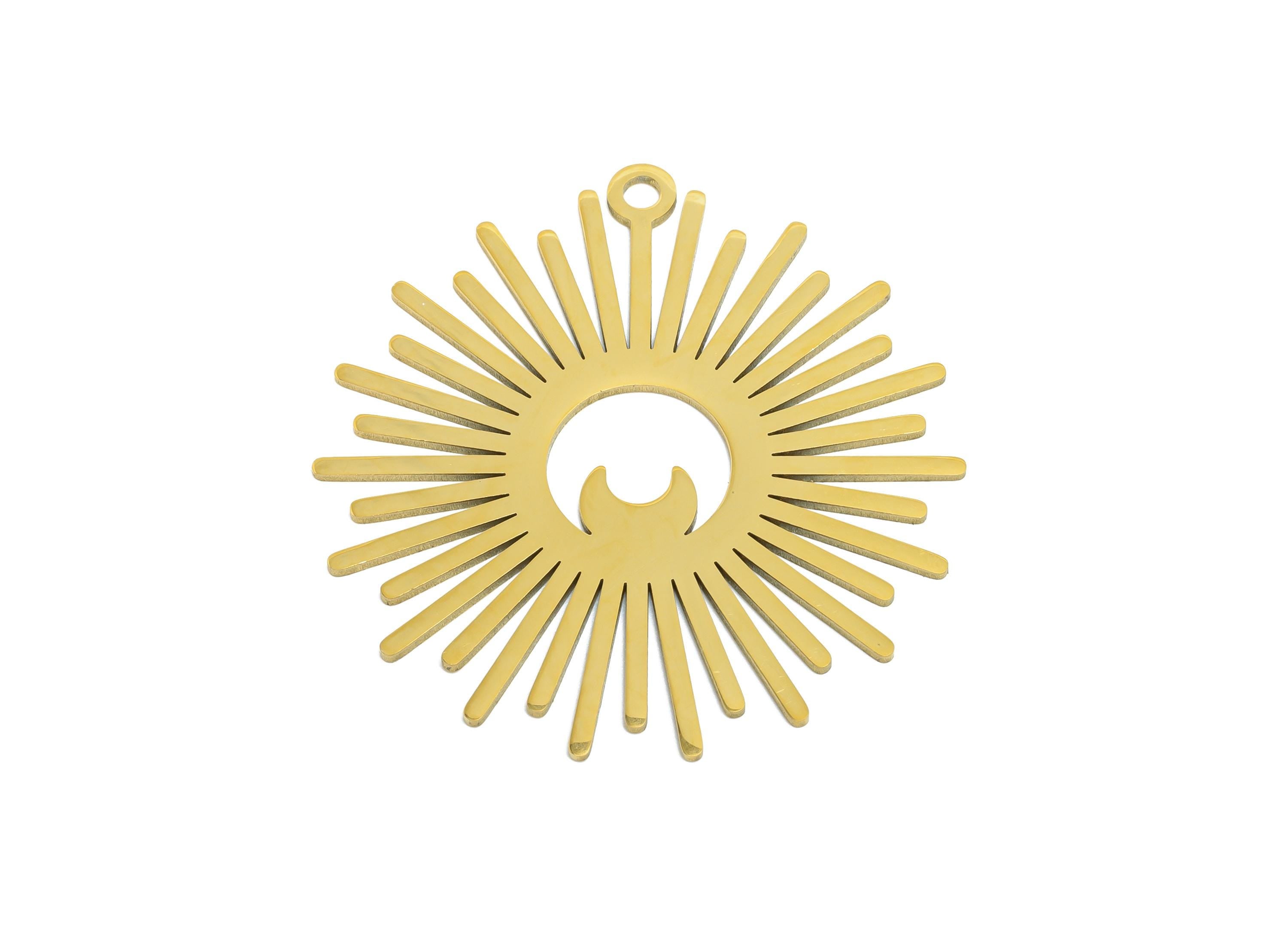 Stainless Steel Sun Charm - Geometric Crescent Pendant - Modern Sunburst Jewelry Making - 18k Vacuum Gold Plating  - 37x35x0.98mm - SS2618G