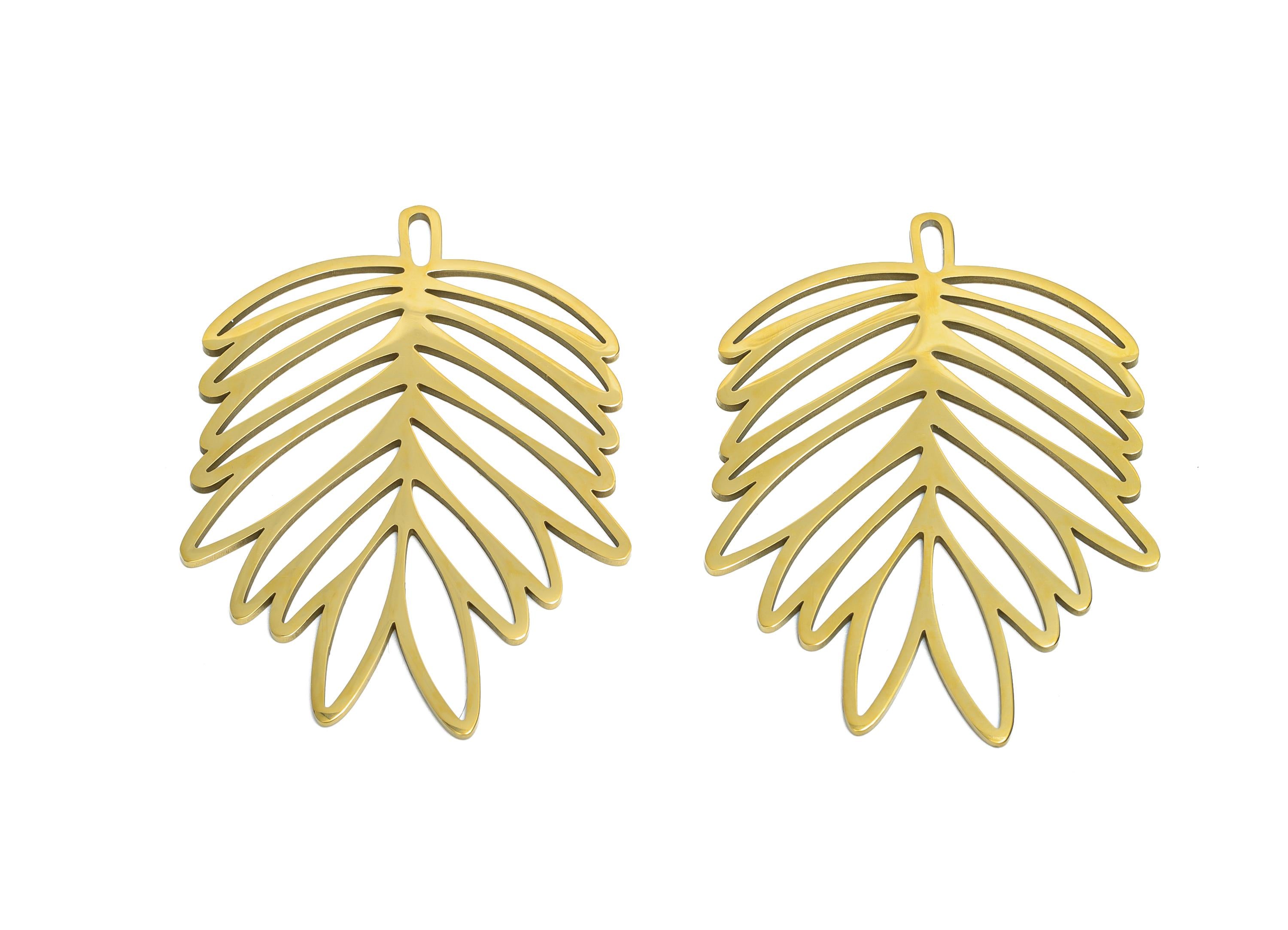 Tropical Leaf Pendant - Stainless Steel Boho Palm Leaf Jewelry - Minimalist Botanical Pendant - 18k Vacuum Gold Plating - 38x28x1mm -SS2624G
