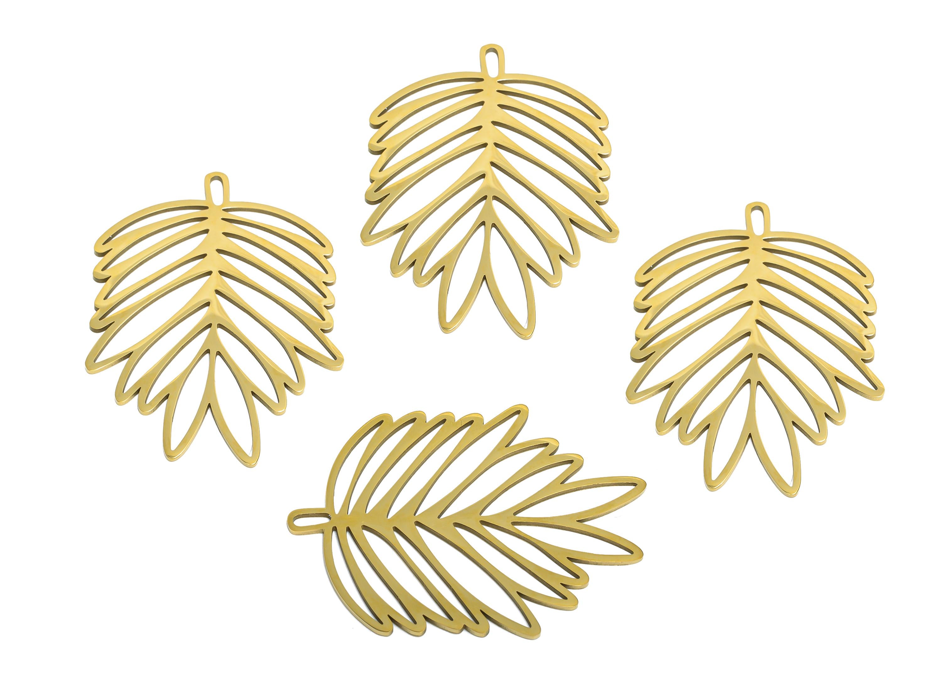 Tropical Leaf Pendant - Stainless Steel Boho Palm Leaf Jewelry - Minimalist Botanical Pendant - 18k Vacuum Gold Plating - 38x28x1mm -SS2624G