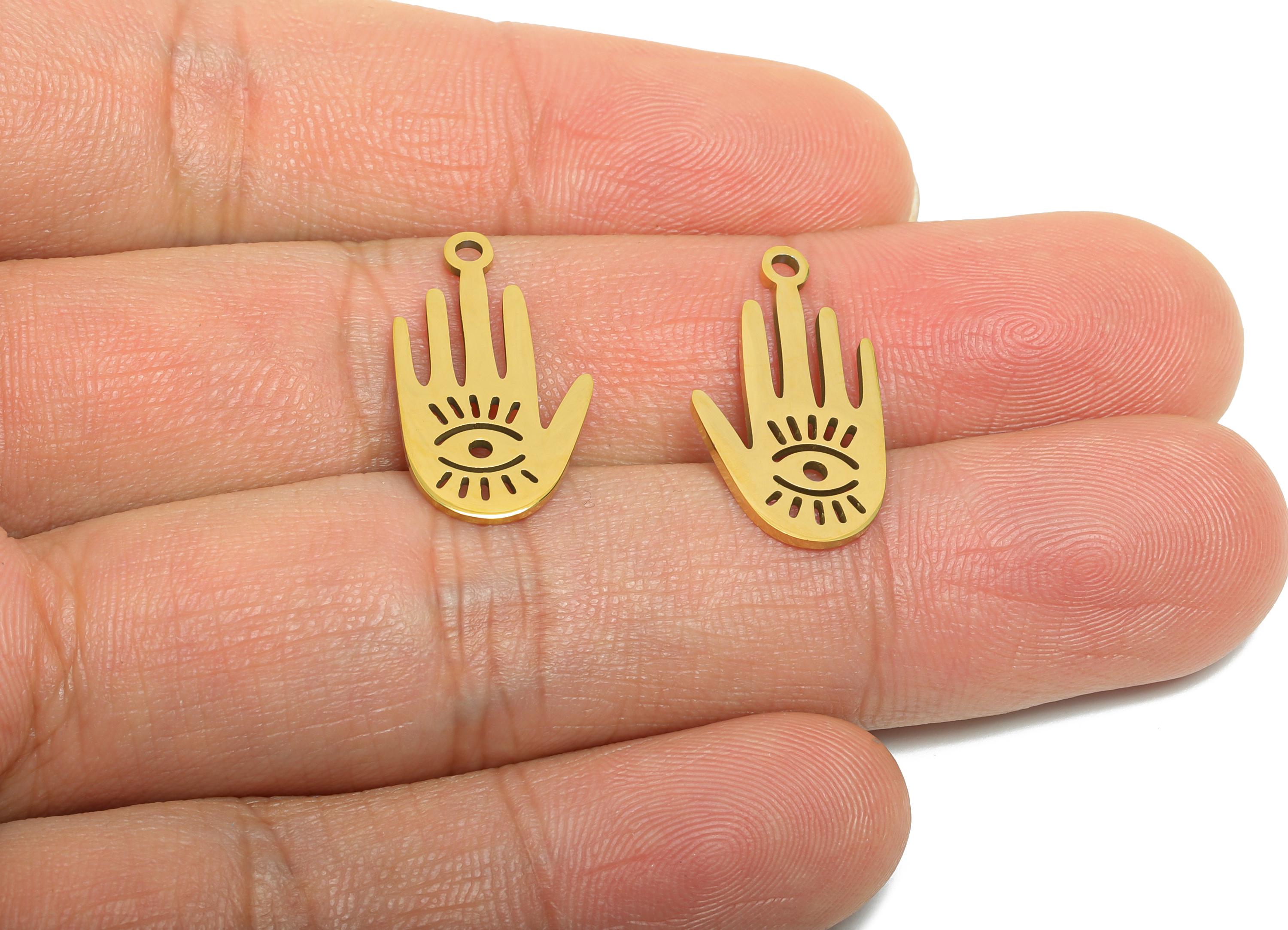 Steel Hamsa Hand Pendant - Vintage Evil Eye Protection Charm - Protective Symbol DIY Jewelry - 18K Real Vacuum Plated - 21x11x0.9mm -SS2373G - DOMEDBAZAAR
