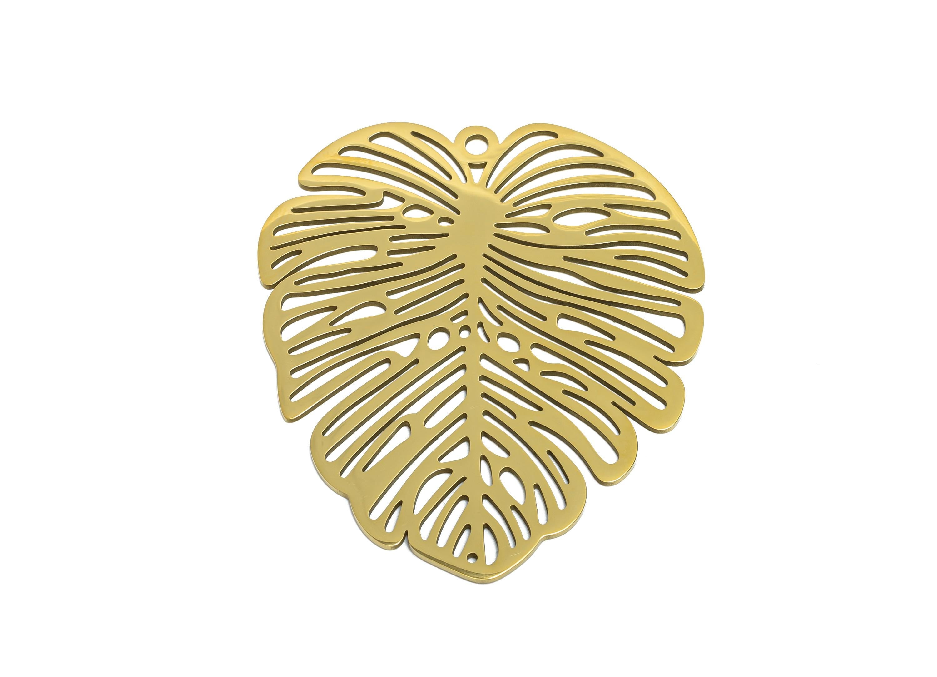 Monstera Leaf Pendant - Steel Tropical Leaf Jewelry - Steel Boho Botanical Jewelry Supply - 18k Vacuum Gold Plating - 49x43x0.98mm - SS2626G - DOMEDBAZAAR