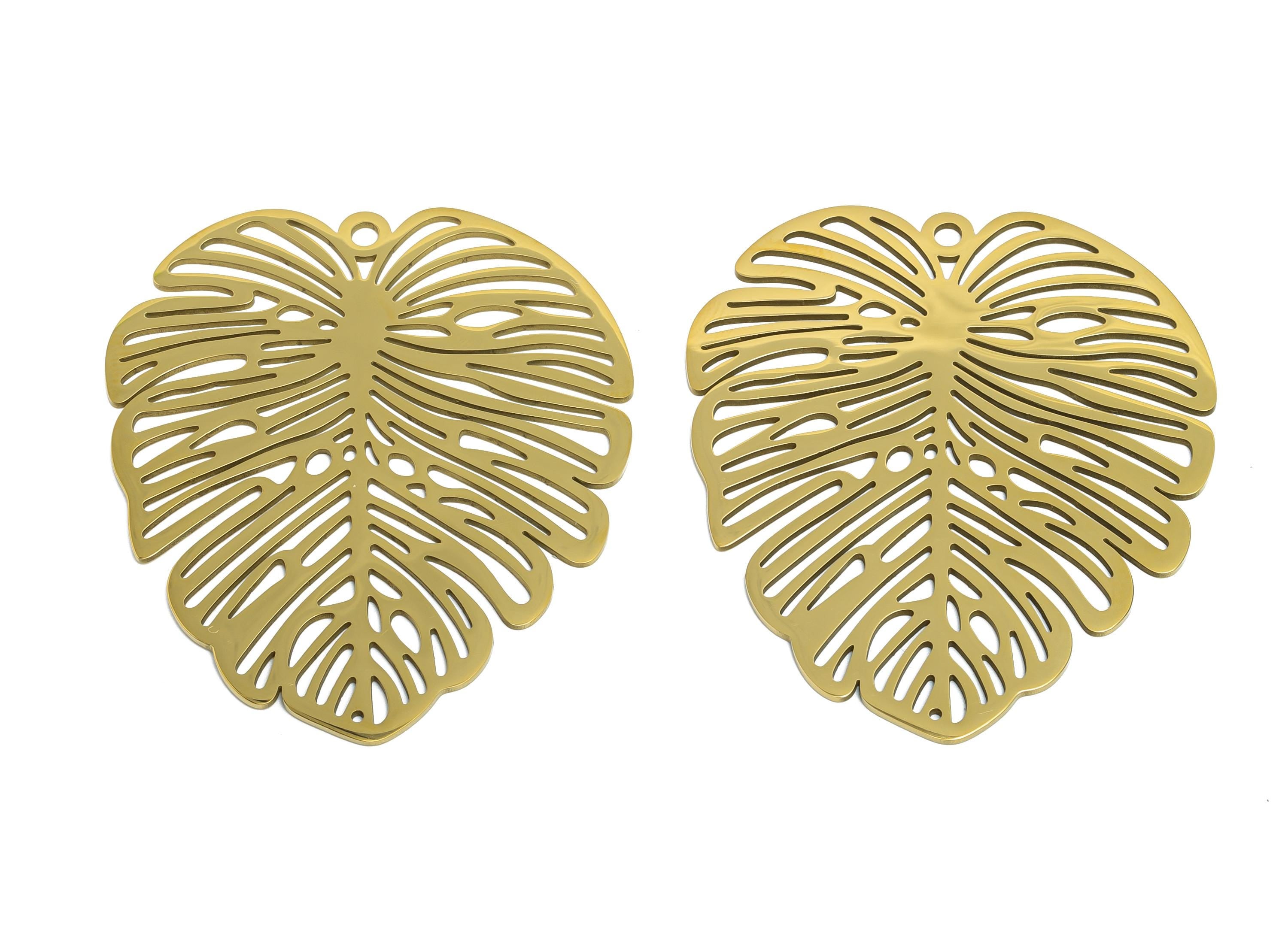 Monstera Leaf Pendant - Steel Tropical Leaf Jewelry - Steel Boho Botanical Jewelry Supply - 18k Vacuum Gold Plating - 49x43x0.98mm - SS2626G - DOMEDBAZAAR