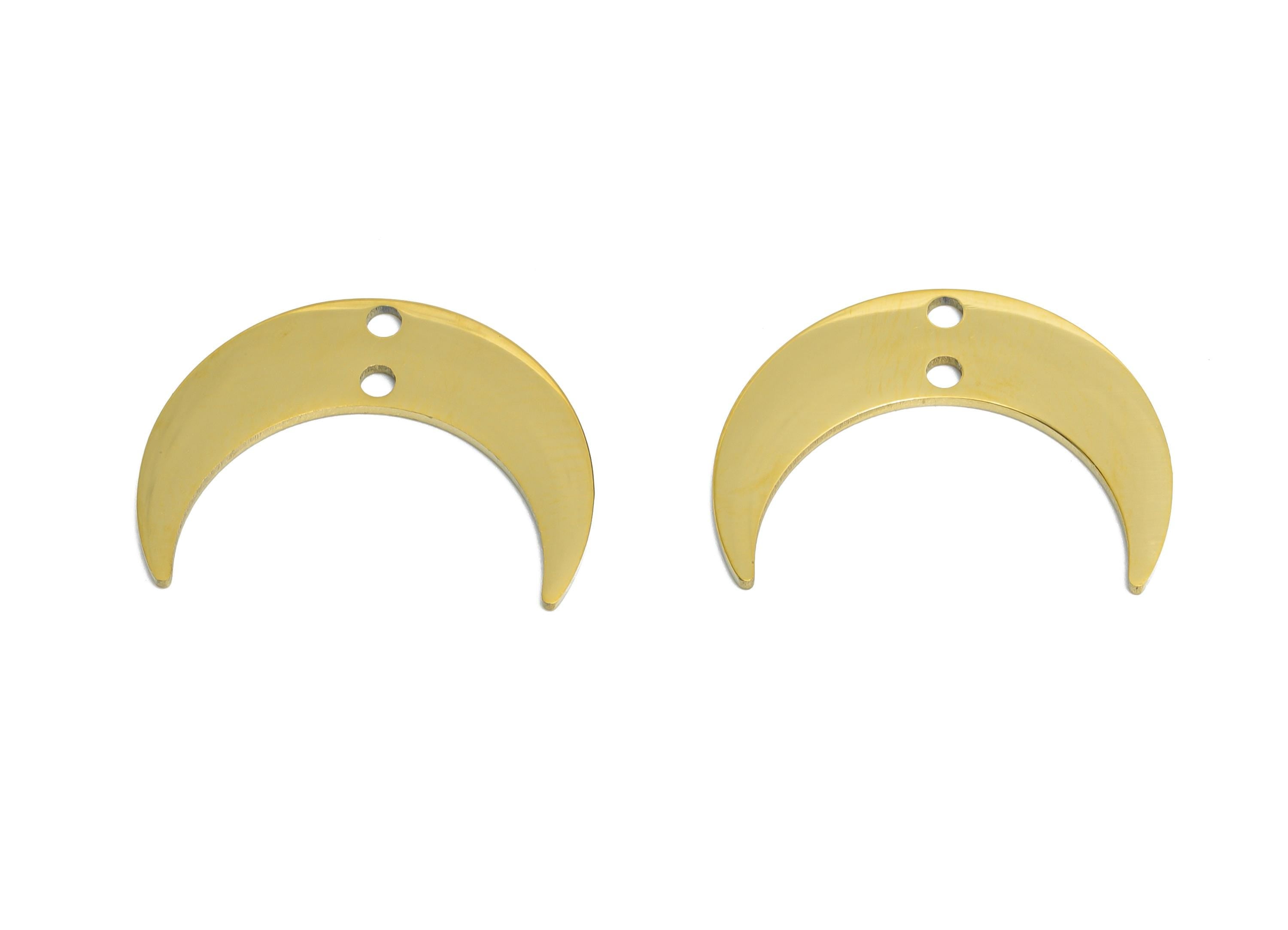 Stainless Steel Crescent Connector - Moon Jewelry Charm With Double Hole - Steel Moon Pendant - 18k Vacuum Gold Plating - 20x15x1mm -SS2607G