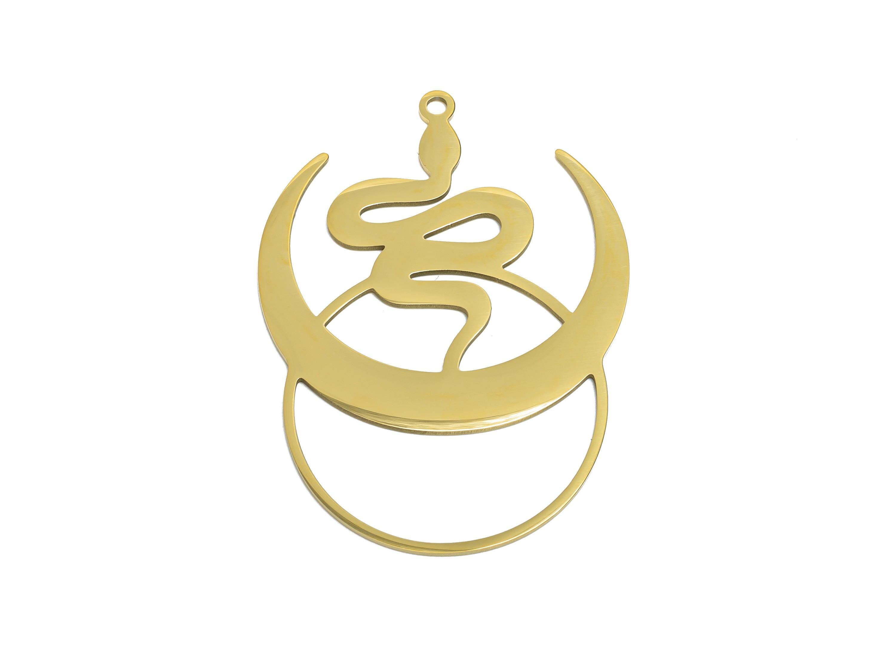 Steel Crescent Snake Pendant - Celestial Moon Serpent Amulet - Spiritual Serpent Necklace Charm - 18K Vacuum Plated - 41x30x0.98mm - SS2613G - DOMEDBAZAAR