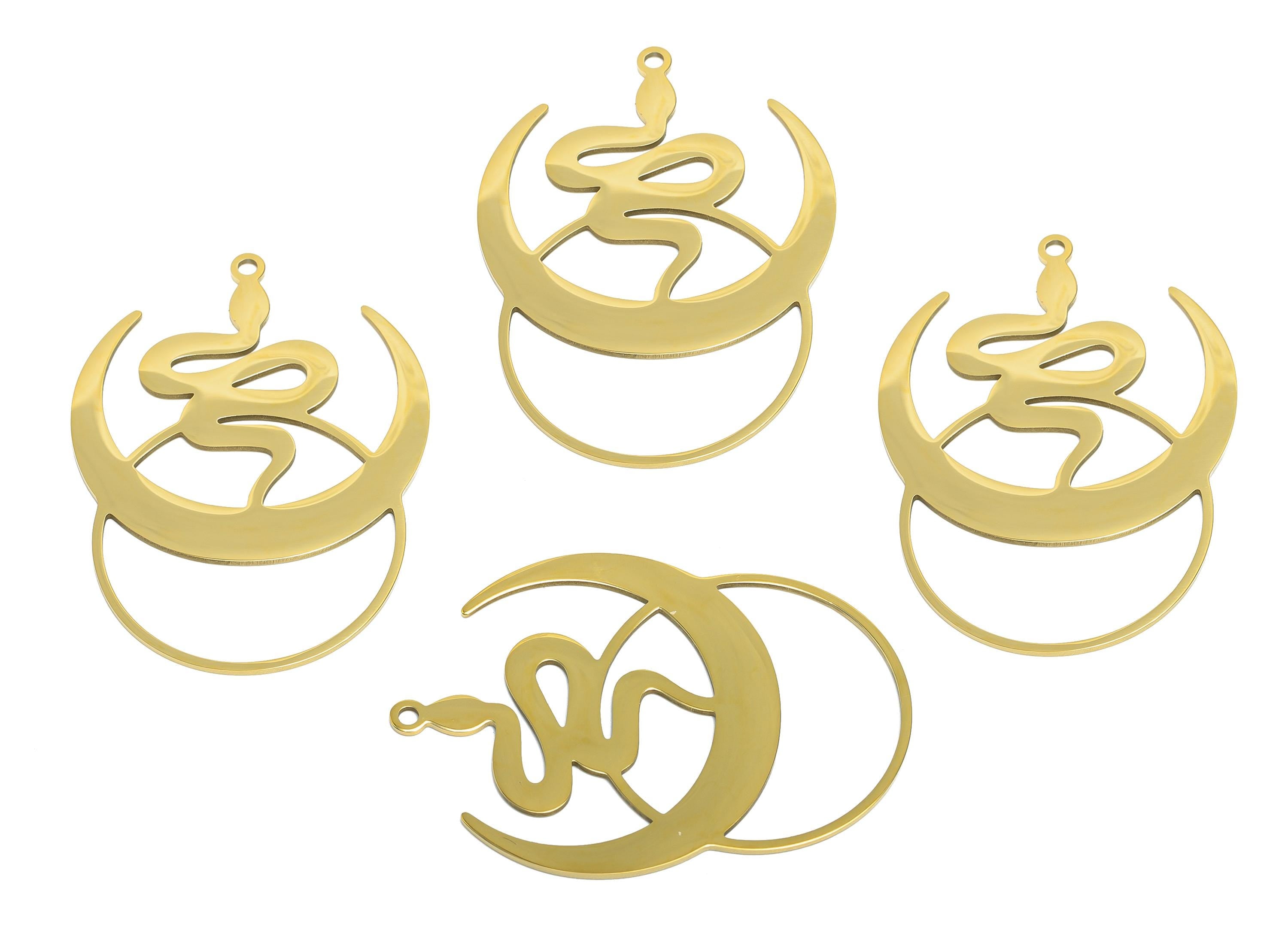 Steel Crescent Snake Pendant - Celestial Moon Serpent Amulet - Spiritual Serpent Necklace Charm - 18K Vacuum Plated - 41x30x0.98mm - SS2613G - DOMEDBAZAAR