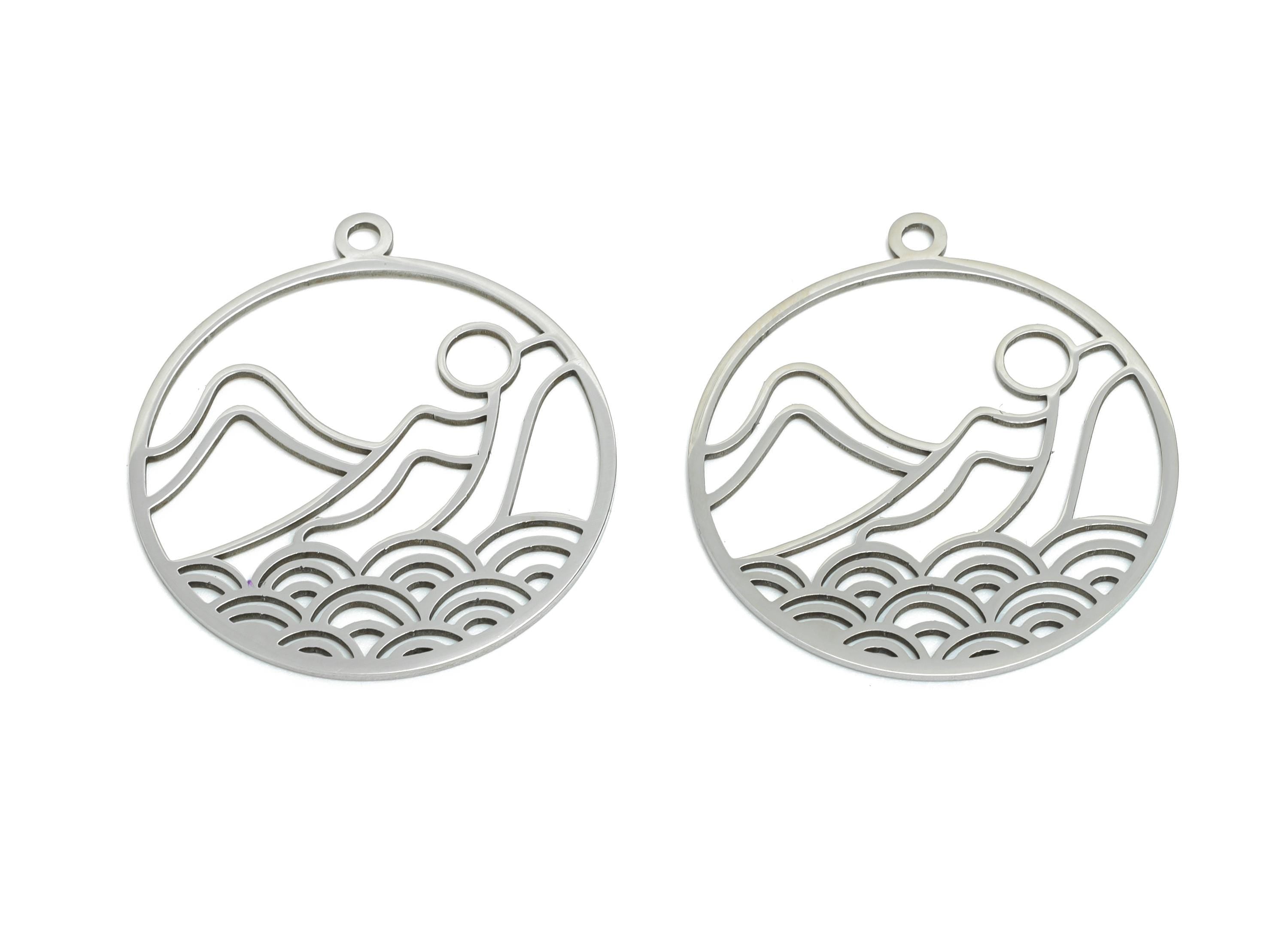 Minimalist Landscape Pendant - Round Geometric Hollow Charm - Cutout Mountain Waves Sun Necklace - DIY Steel Finding - 33x30x0.98mm - SS2615 - DOMEDBAZAAR