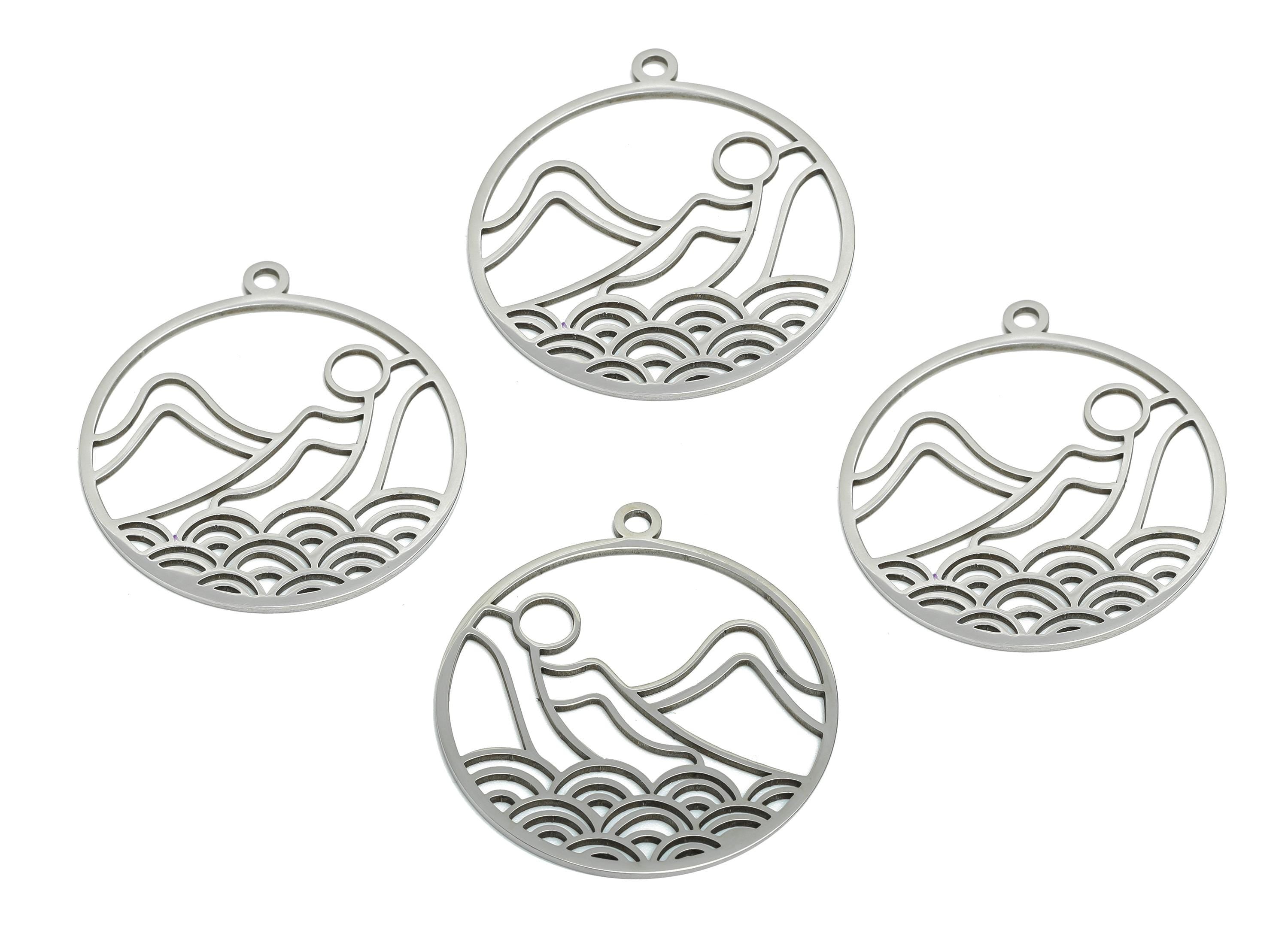 Minimalist Landscape Pendant - Round Geometric Hollow Charm - Cutout Mountain Waves Sun Necklace - DIY Steel Finding - 33x30x0.98mm - SS2615 - DOMEDBAZAAR