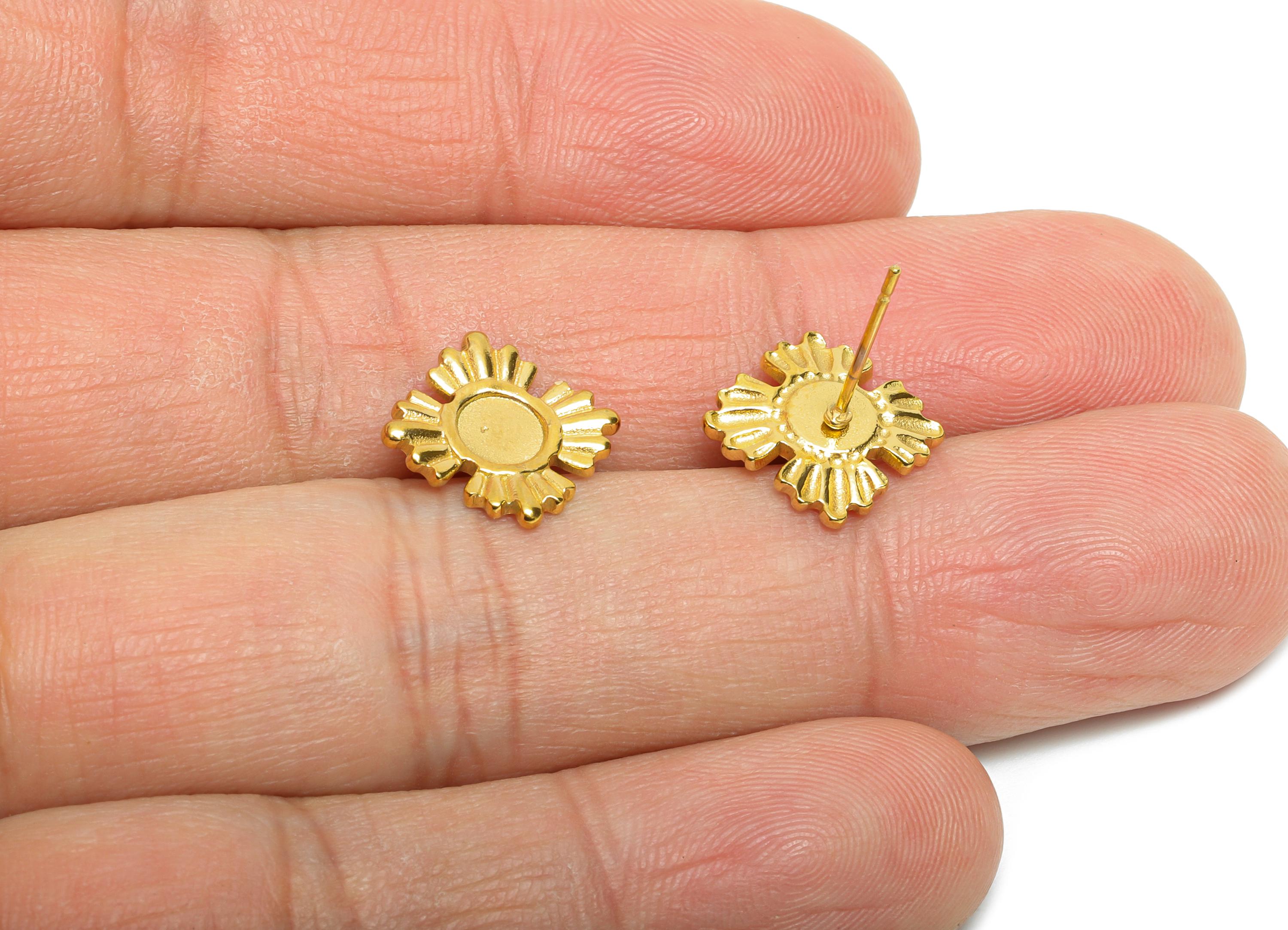 Steel Floral Posts - Dainty Gold Earring Stud - Textured Botanical Flower Earring Setting - 18k Vacuum Gold Plating - 13x10x1.9mm - SS2359 - DOMEDBAZAAR