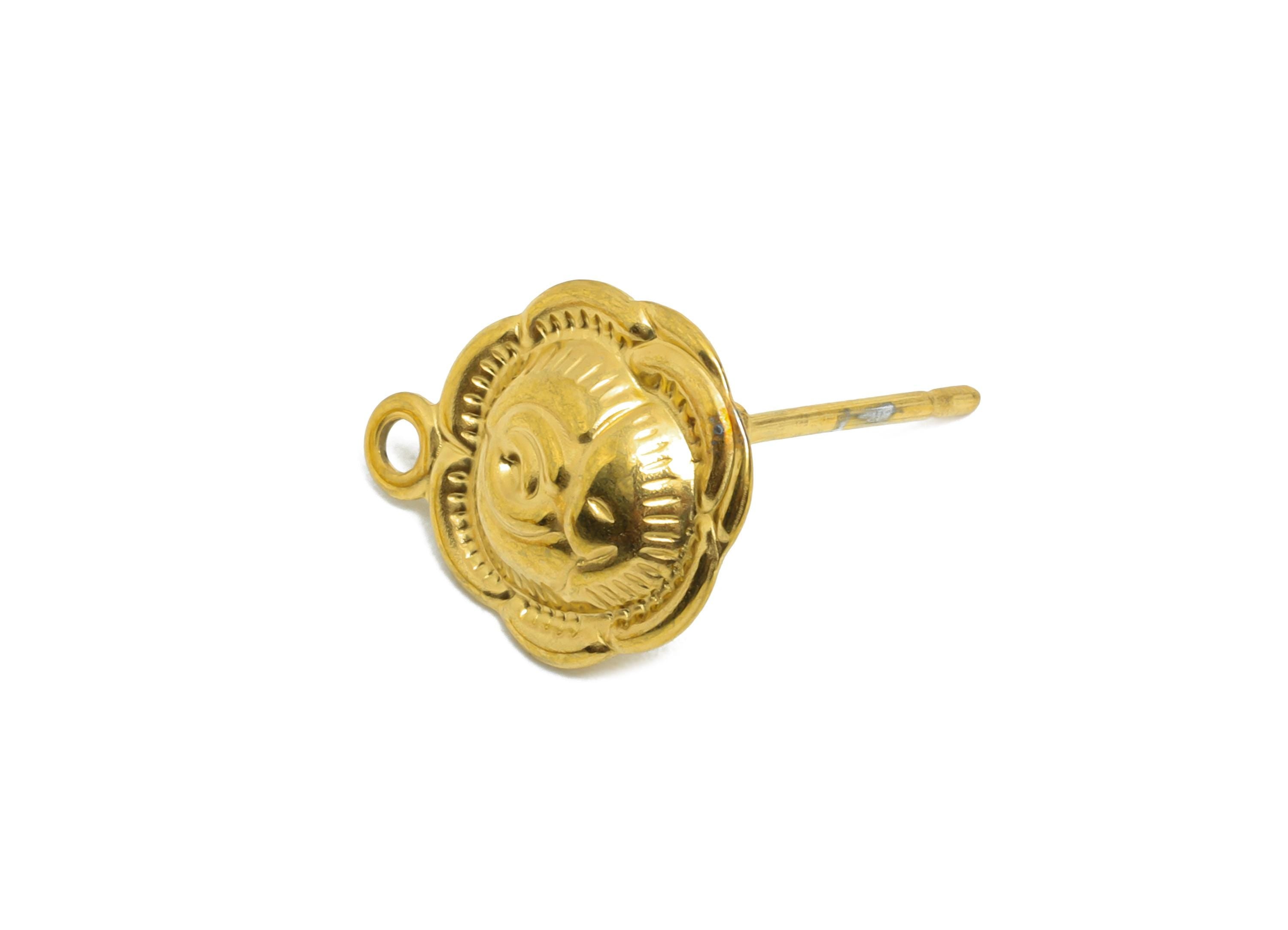 Stainless Steel Flower Stud - Unique Botanical Post with Loop - Antique-Style Gold Earring - 18k Vacuum Gold Plating - 13.8x10x2mm - SS2358 - DOMEDBAZAAR