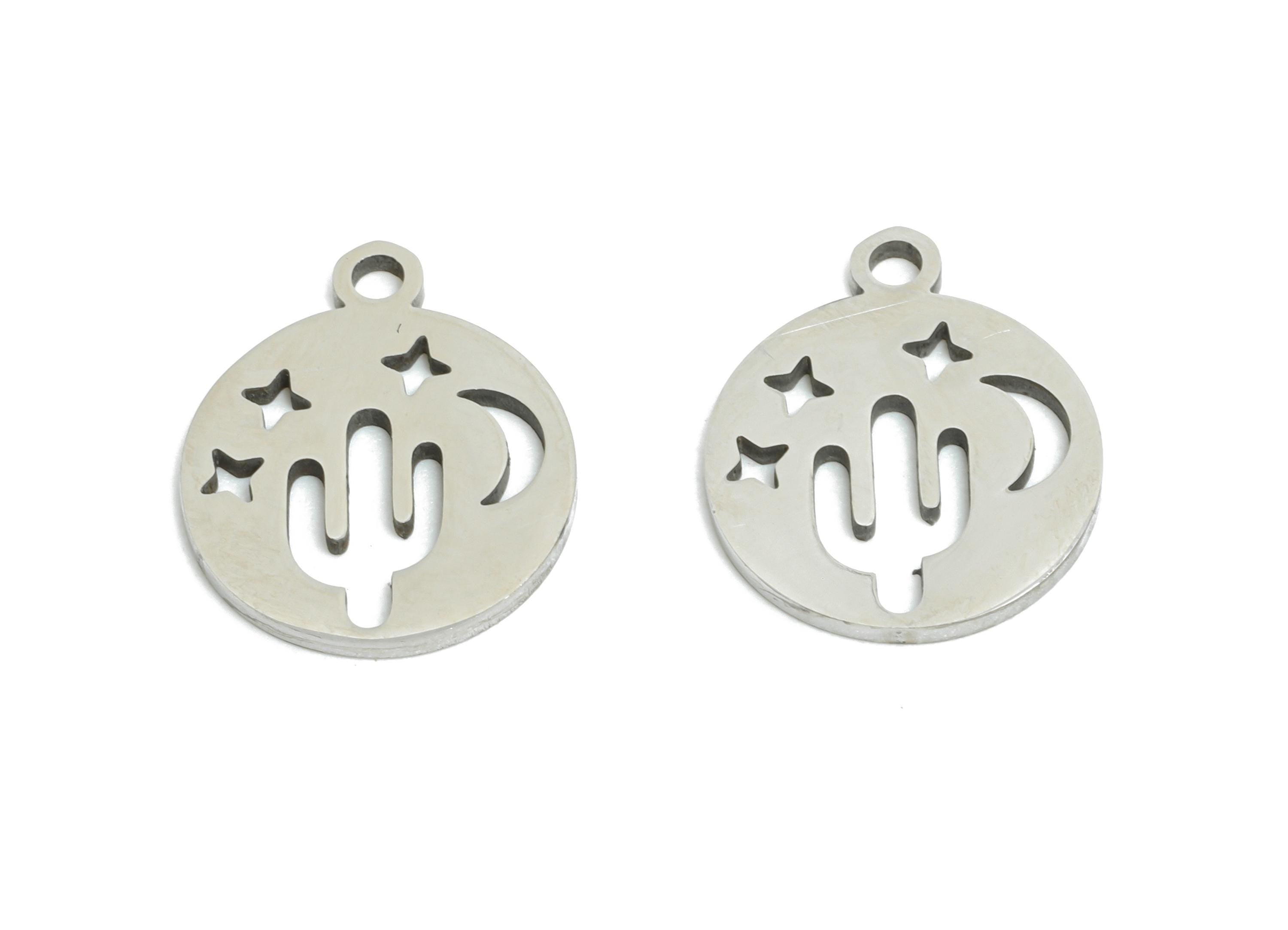 Desert Night Earring Charm - Stainless Steel Cactus Moon Charm - Steel Moon and Stars Pendant - Southwestern Charm - 13x11x0.98mm - SS2382 - DOMEDBAZAAR