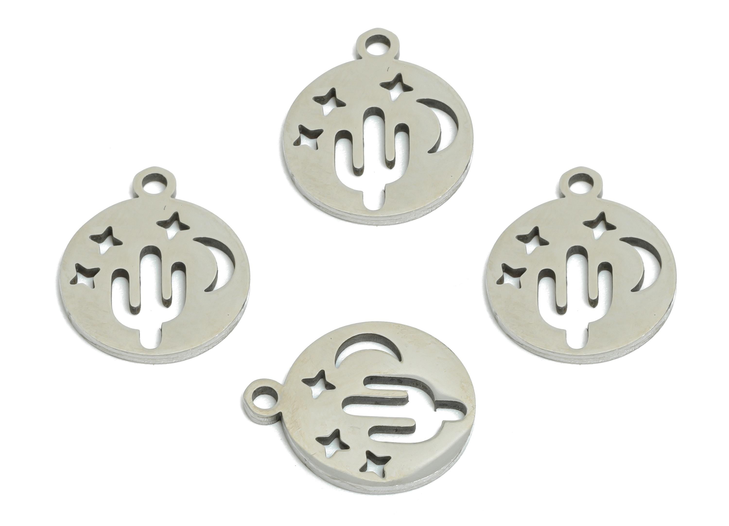 Desert Night Earring Charm - Stainless Steel Cactus Moon Charm - Steel Moon and Stars Pendant - Southwestern Charm - 13x11x0.98mm - SS2382 - DOMEDBAZAAR