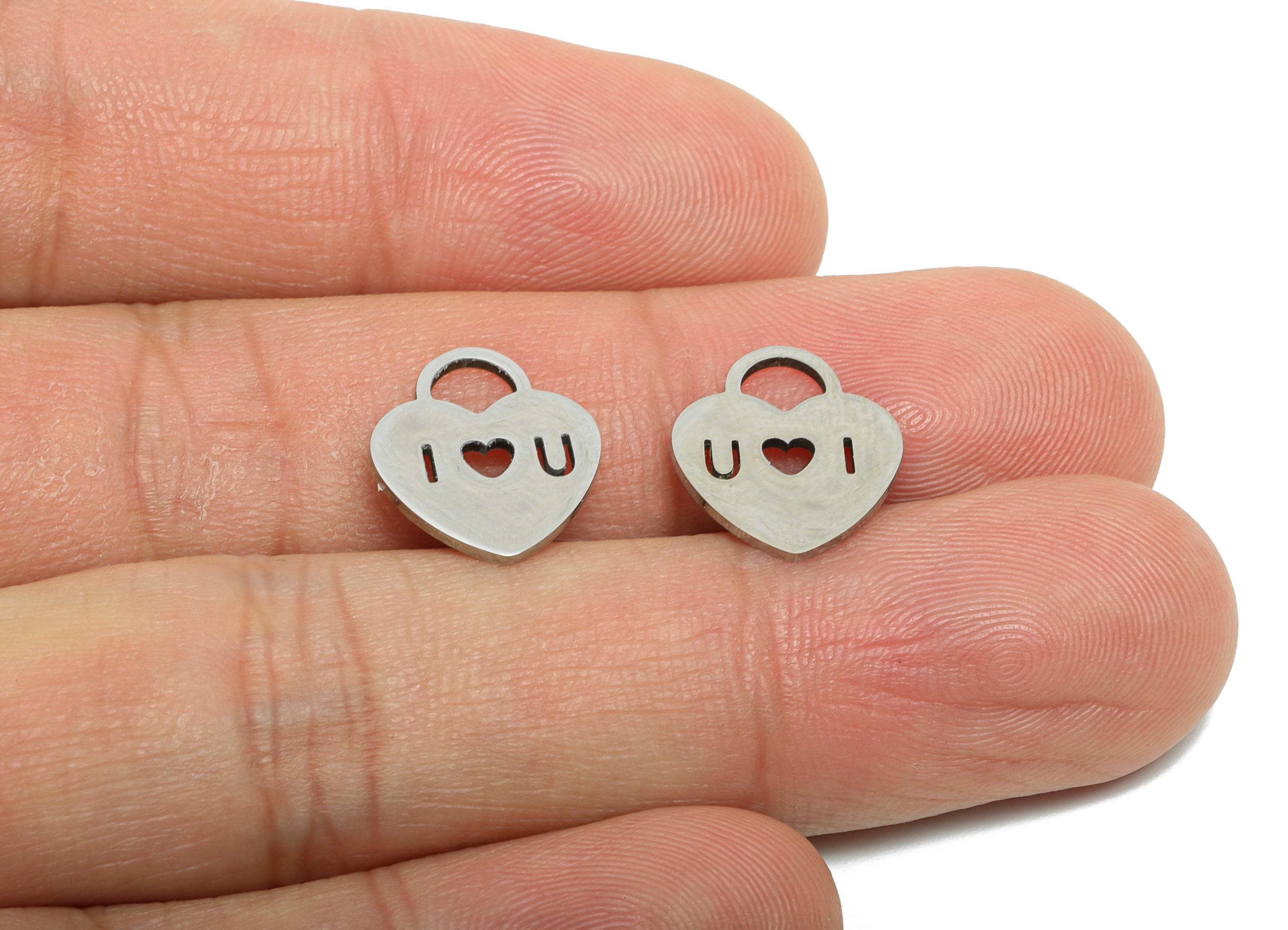 Heart Lock Earring Charm - Stainless Steel Minimalist Love Pendant - Steel Engraved Heart Charm - I Love You Jewelry - 13x12x0.98mm - SS2379 - DOMEDBAZAAR