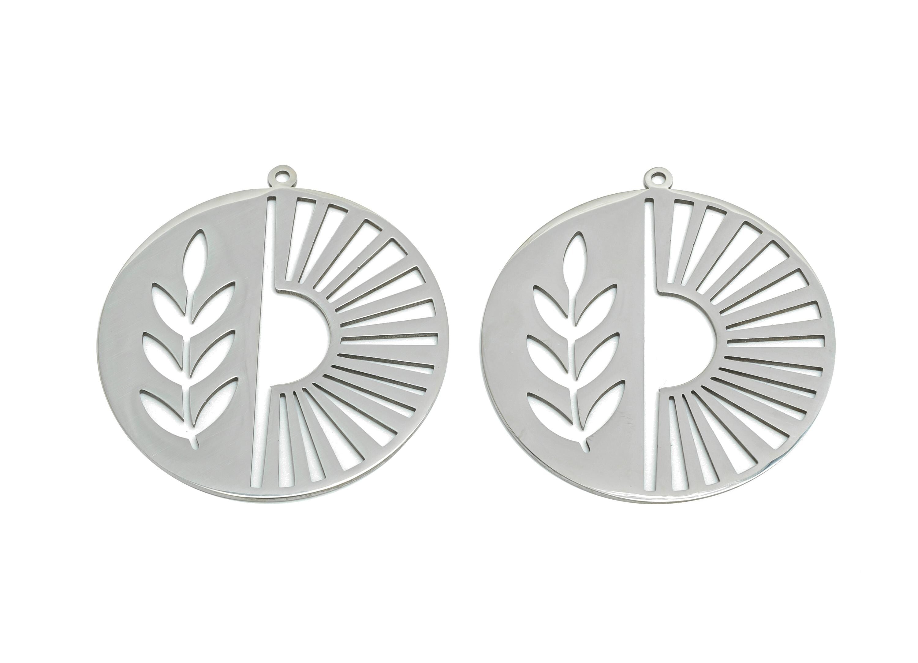Steel Sunburst Leaf Pendant - Round Hollow Sun and Wheat Charms - Metal Cutting Art Pendant - DIY Steel Finding - 37.7x35x0.98mm - SS2599 - DOMEDBAZAAR