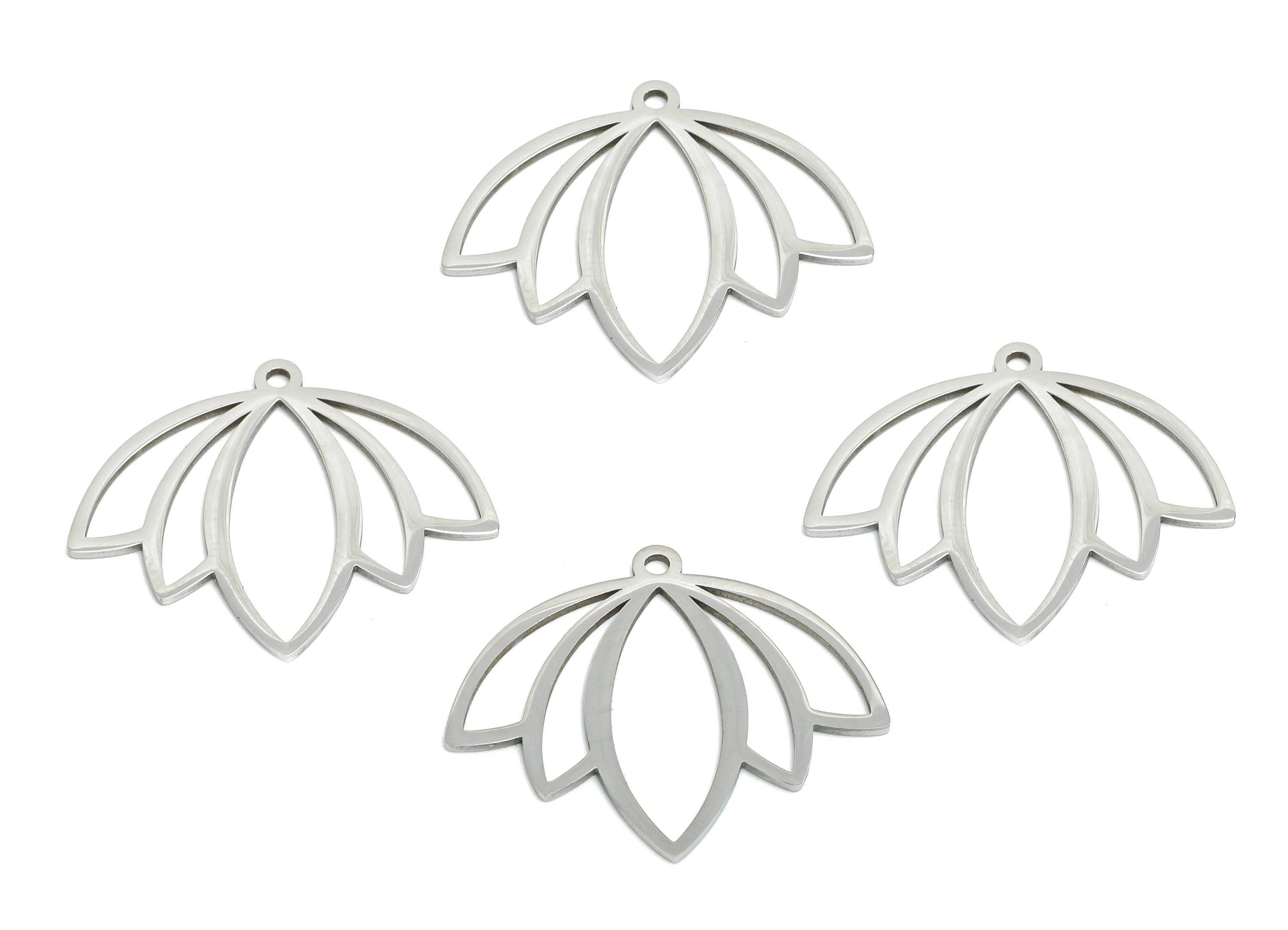 Steel Lotus Pendant - Steel Artisan Boho Lotus Necklace Charms - Botanical Jewelry Supply - Nature Jewelry Making - 27x23.11x0.98mm - SS2603 - DOMEDBAZAAR