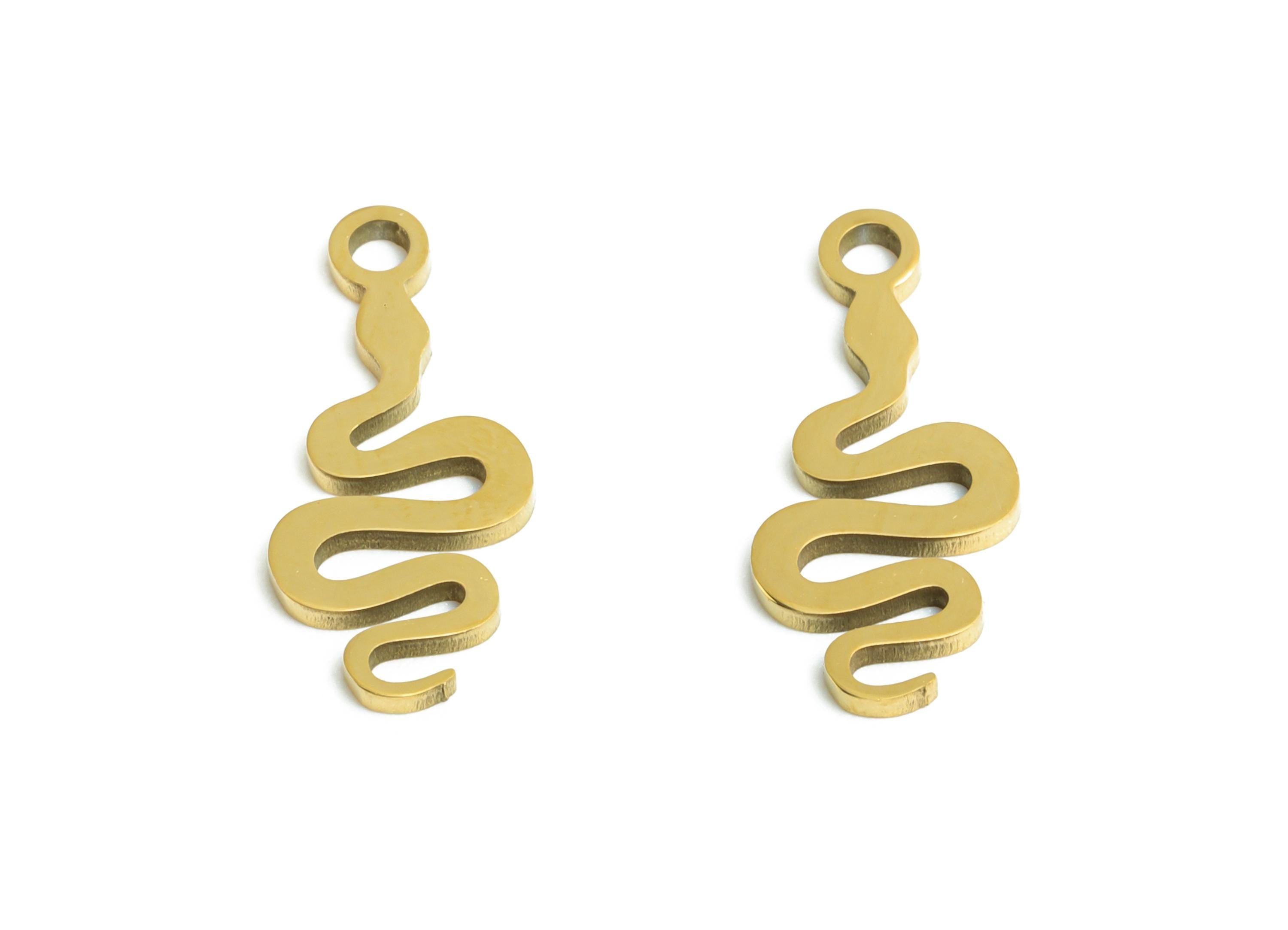 Steel Snake Charms - Modern Snake Pendant for Bracelet - Protective Serpent Symbol Charm - 18K Real Vacuum Plated - 14.84x6x0.98mm - SS2485G - DOMEDBAZAAR