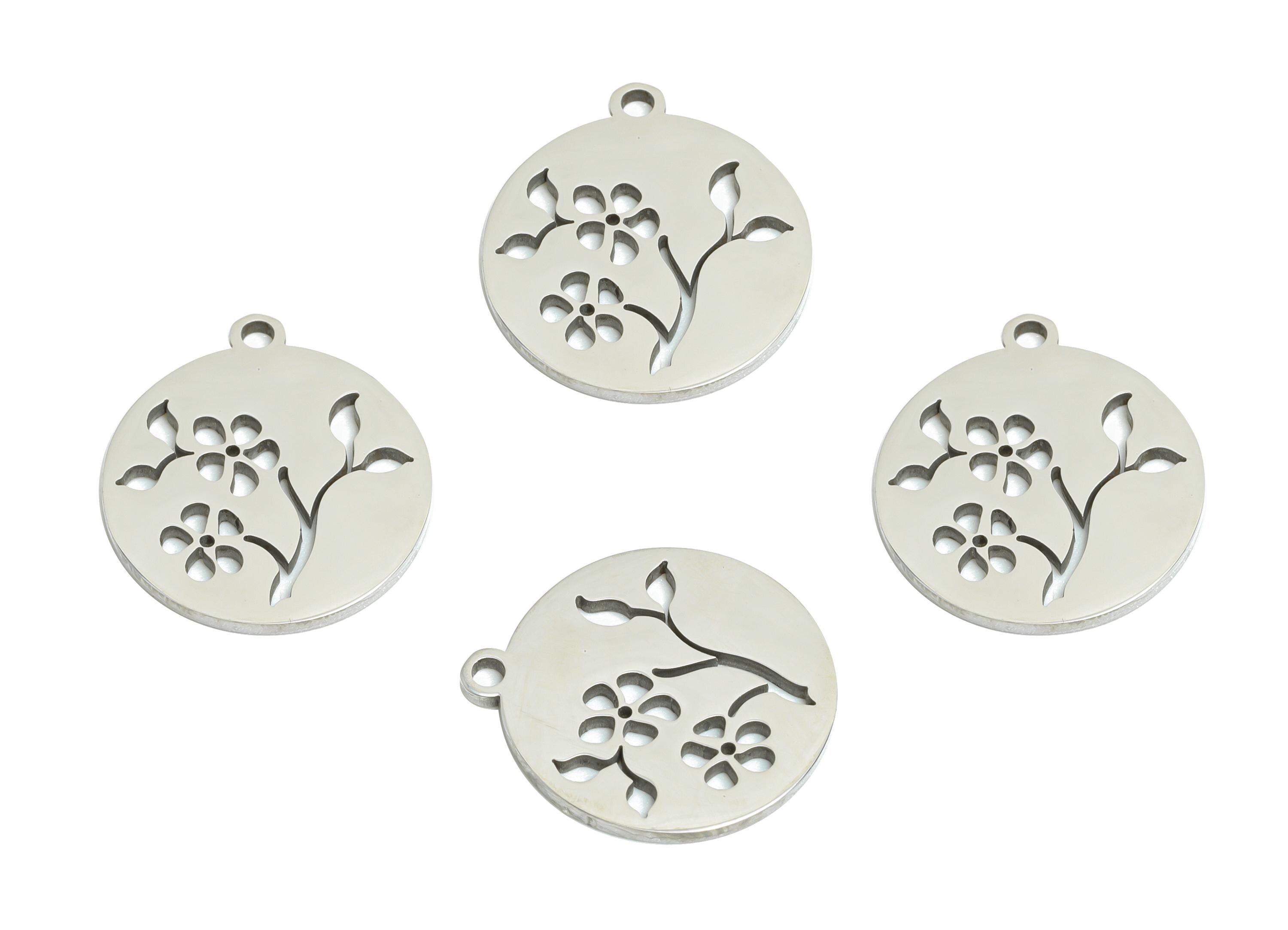 Steel Flower Charm - Botanical Jewelry Component - Minimalist Floral Necklace Charm - Stainless Steel Charm - 14x13x0.98mm - SS2458 - DOMEDBAZAAR
