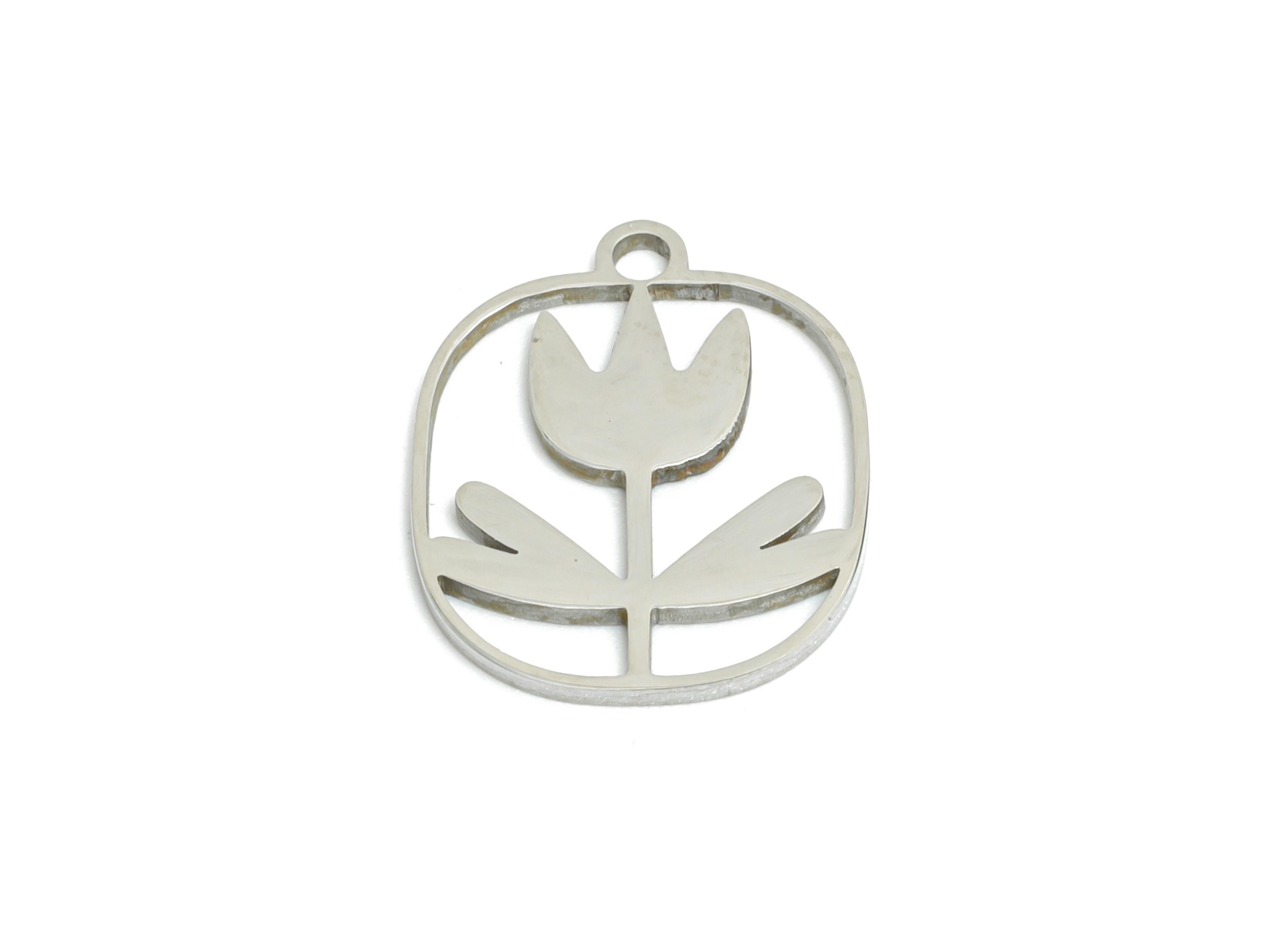 Steel Tulip Charms - Hollow Geometric Floral Charm - Whimsical Charm for Necklace - Modern Botanical Jewelry - 14.9x12.23x0.98mm - SS2500 - DOMEDBAZAAR
