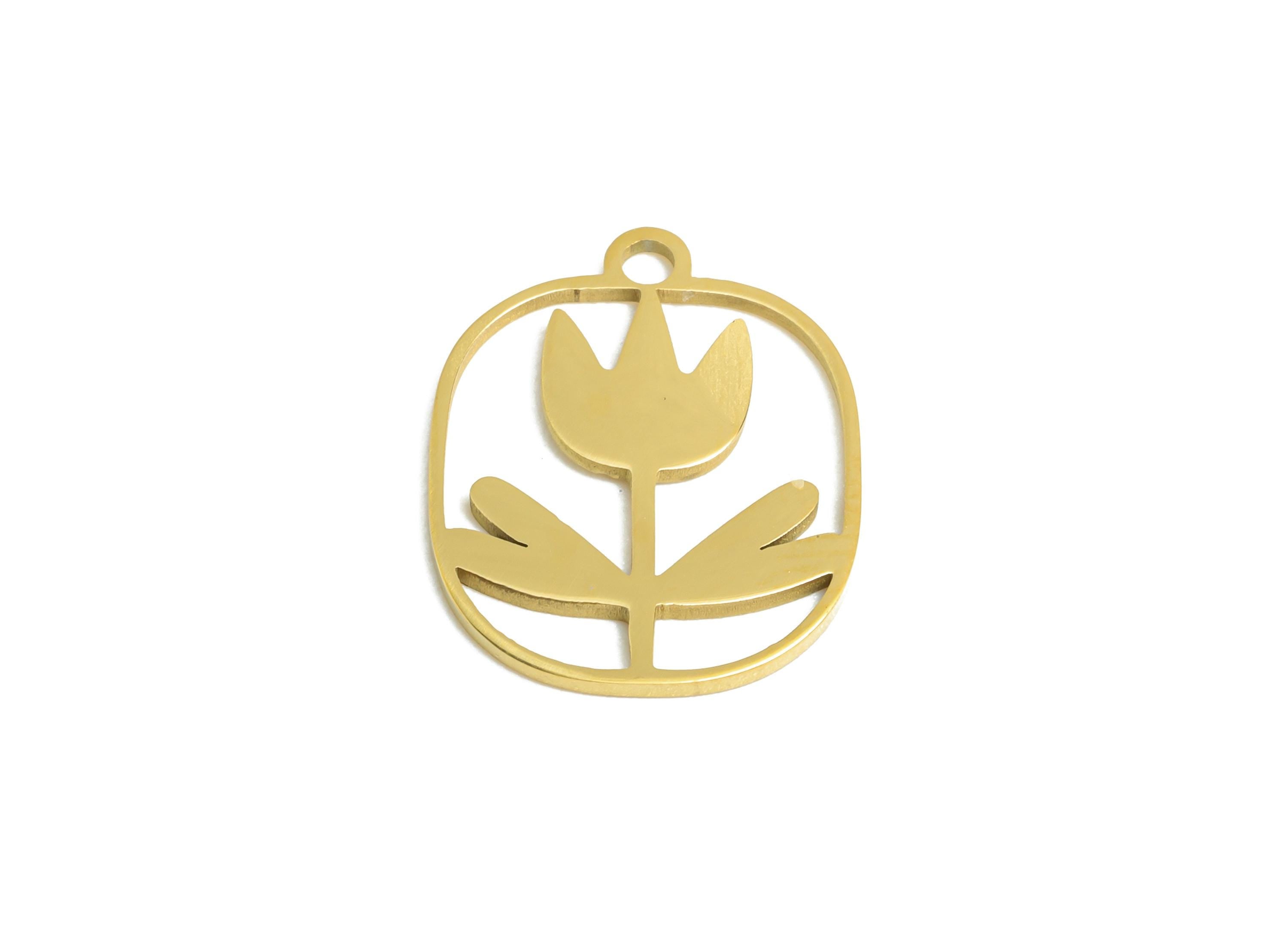 Steel Tulip Charm - Modern Hollow Geometric Floral Charm - Whimsical Botanical Charm Necklace - 18K Vacuum Plated - 14.9x12x0.98mm - SS2500G - DOMEDBAZAAR