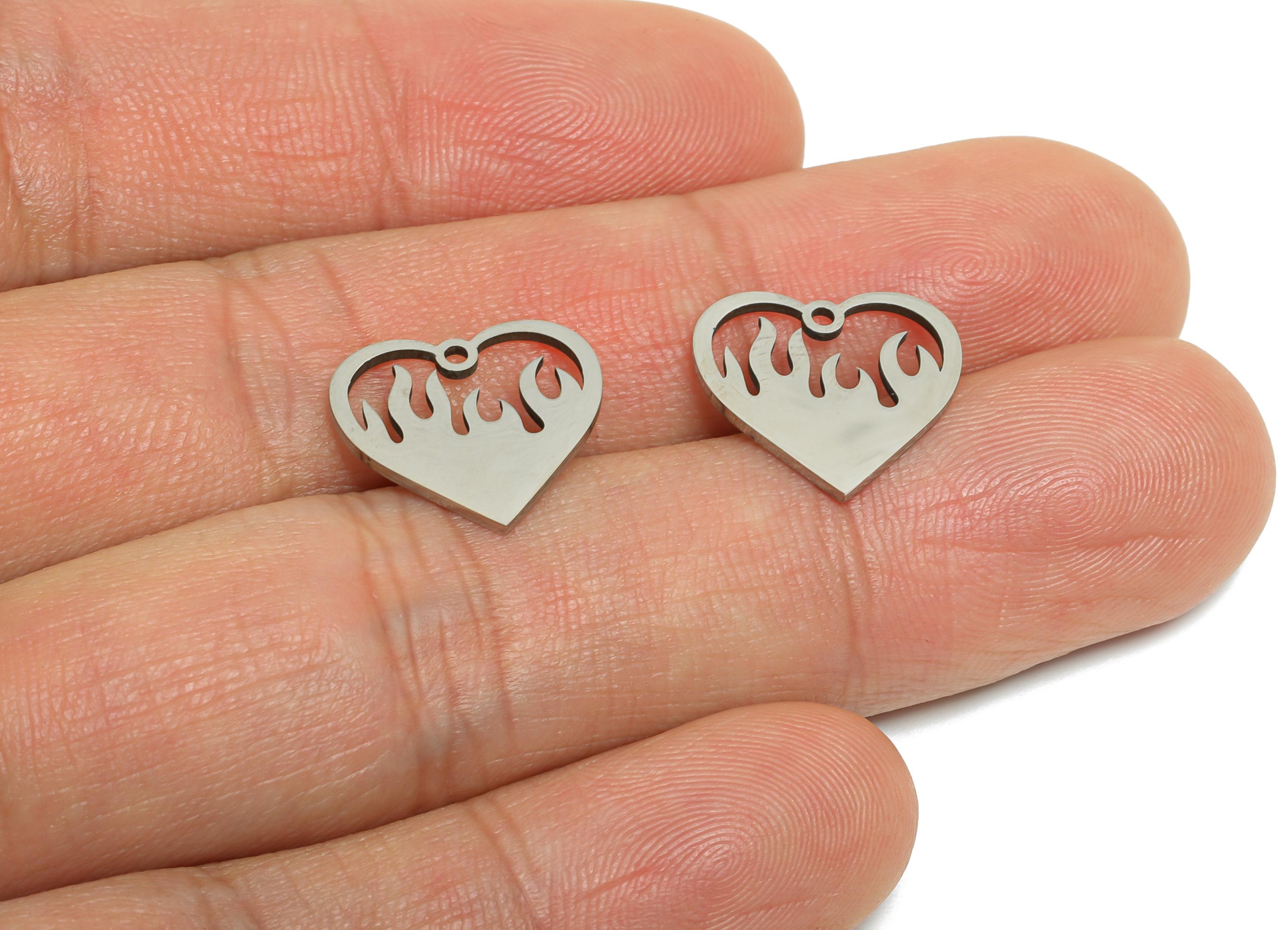 Steel Flaming Heart Charm - DIY Craft Burning Heart Charm - Fire Heart Necklace Component - Steel Jewelry Finding - 14x14x0.98mm - SS2462 - DOMEDBAZAAR