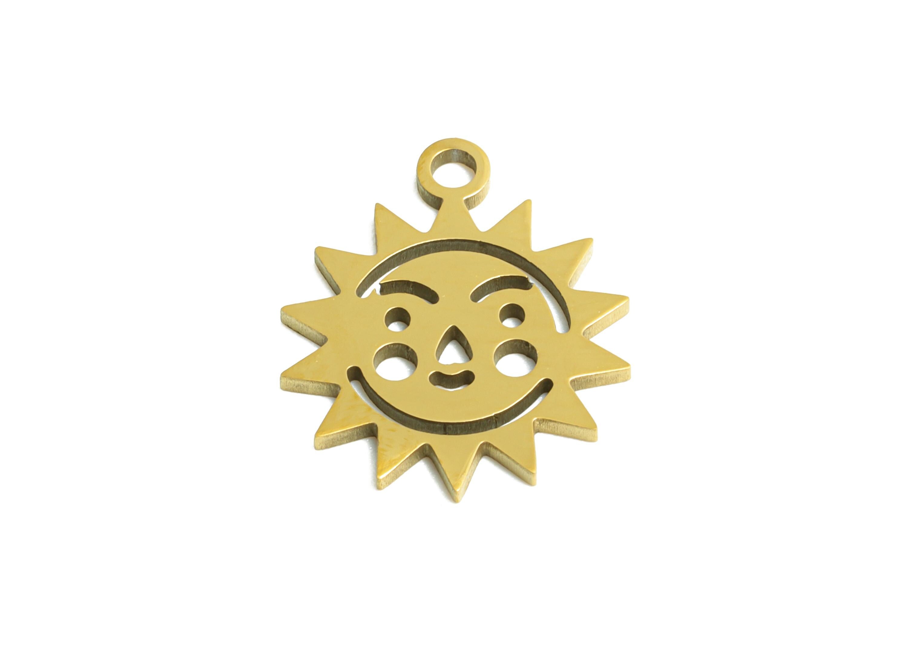 Celestial Sun Face Charm - Steel Boho Sun Pendant for Bracelet - Cute Metal Sun DIY Making - 18K Vacuum Plated - 13.77x11x0.98mm - SS2474G - DOMEDBAZAAR