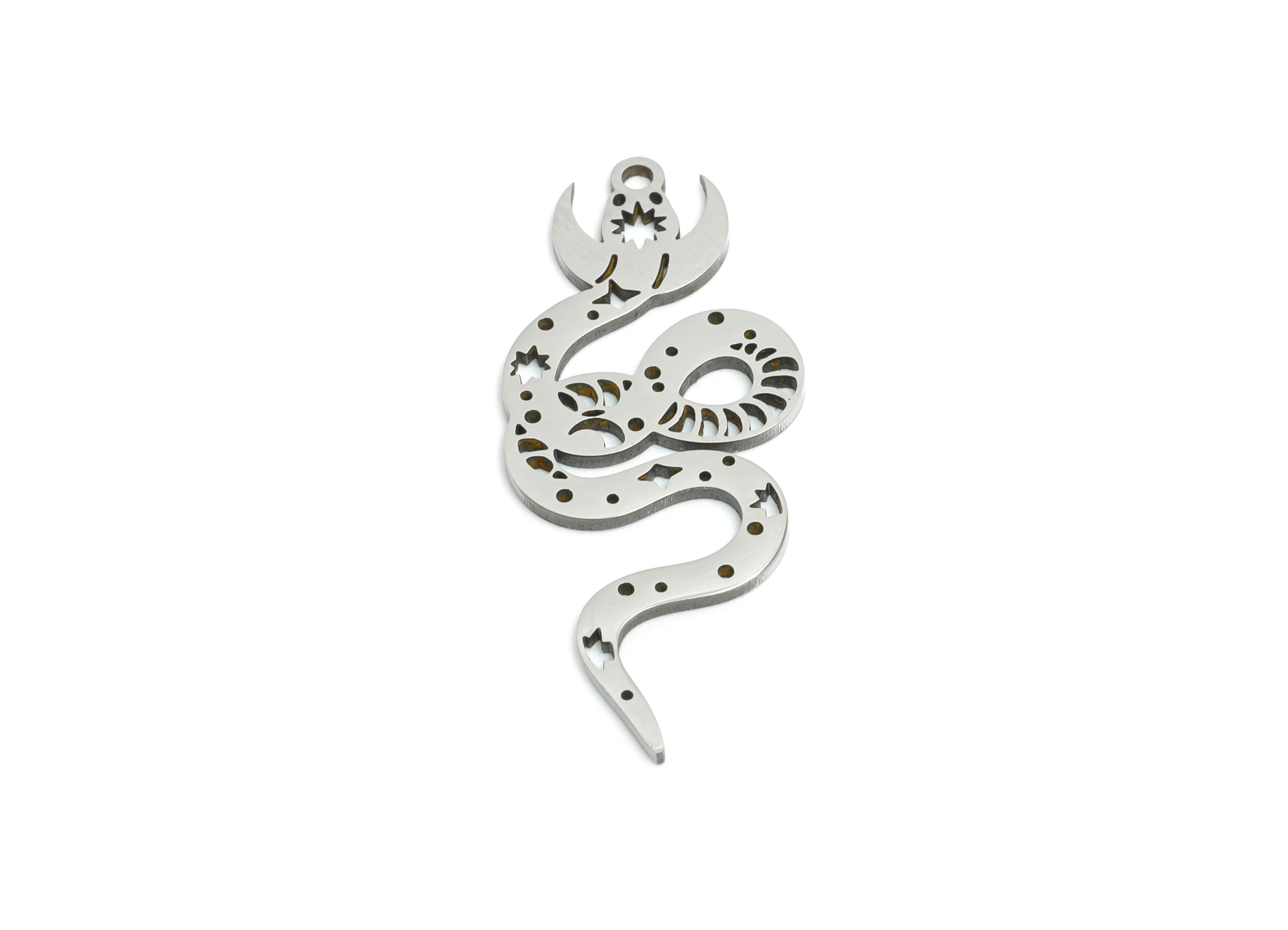 Celestial Snake Pendant - Stainless Steel Serpent Amulet - Mystical Serpent Jewelry - DIY Necklace Making - 29.78x12.44x0.98mm - SS2490 - DOMEDBAZAAR