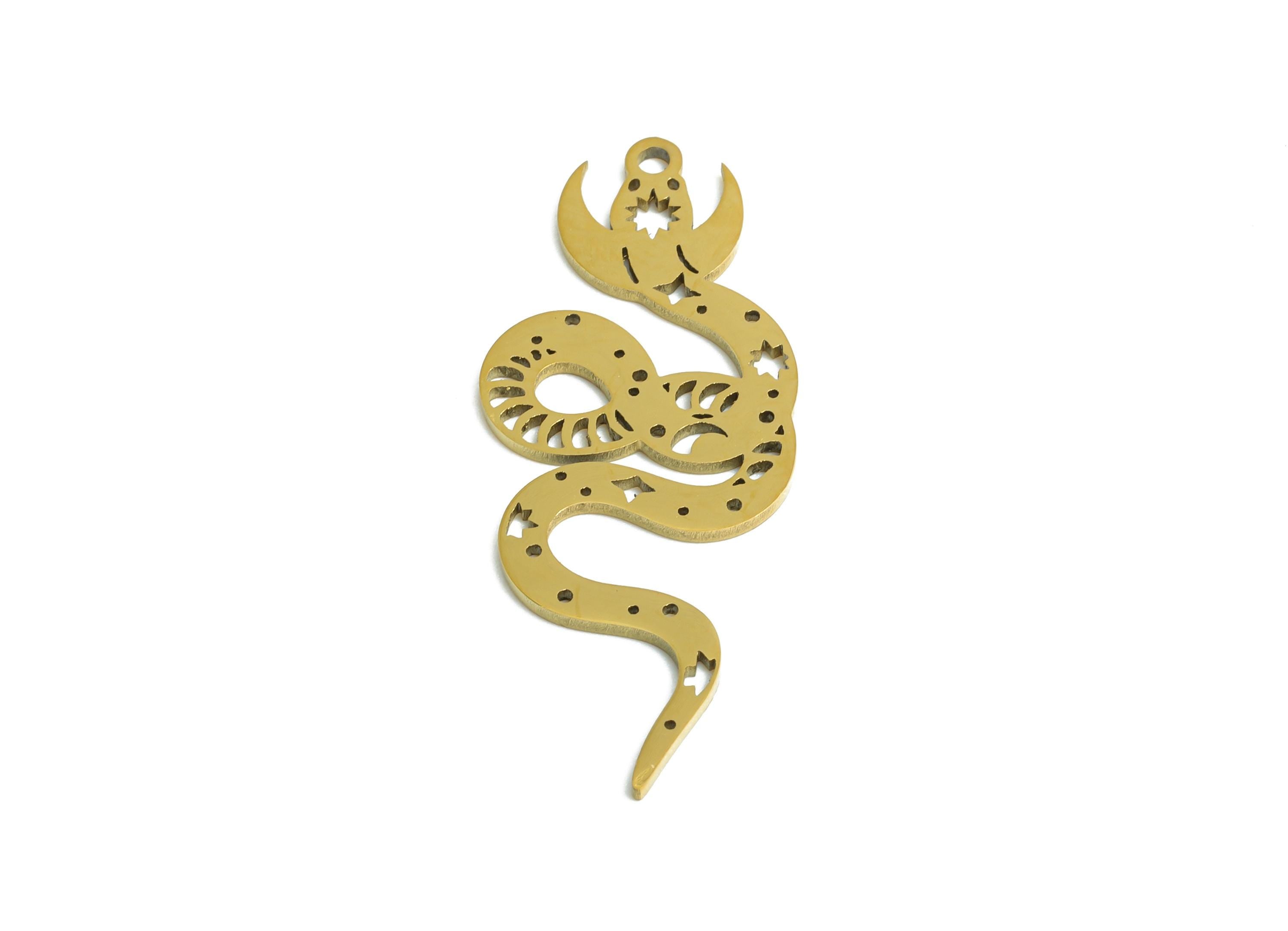 Celestial Snake Pendant - Stainless Steel Serpent Amulet - Mystical Serpent Jewelry - 18K Real Vacuum Plated - 29.78x12.44x0.98mm - SS2490G - DOMEDBAZAAR