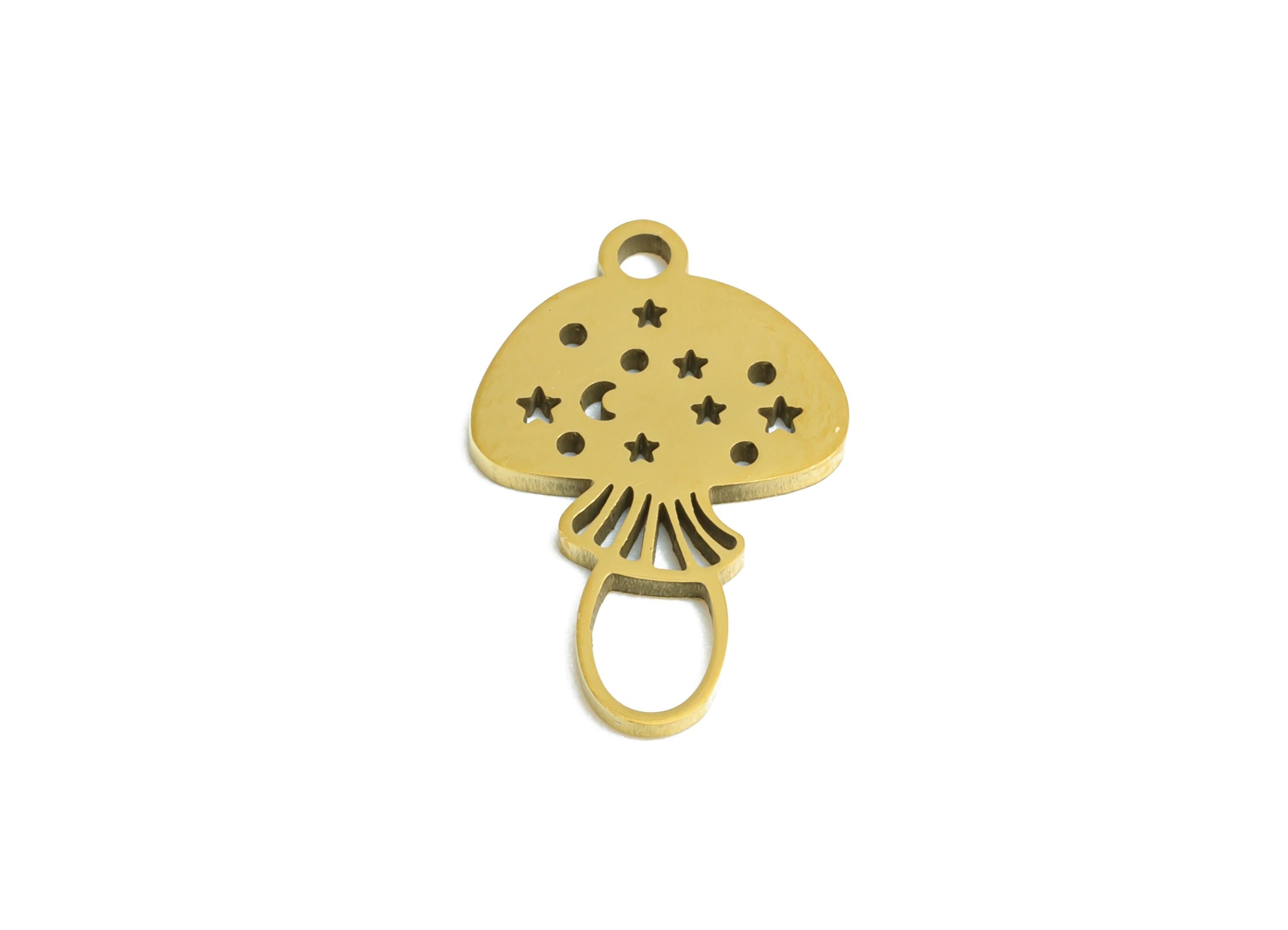 Steel Mushroom Charm - Whimsical Celestial Moon Star Fungi Charm - Boho Mushroom Bracelet Pendant - 18K Vacuum Plated-14.9x9x0.98mm -SS2493G - DOMEDBAZAAR