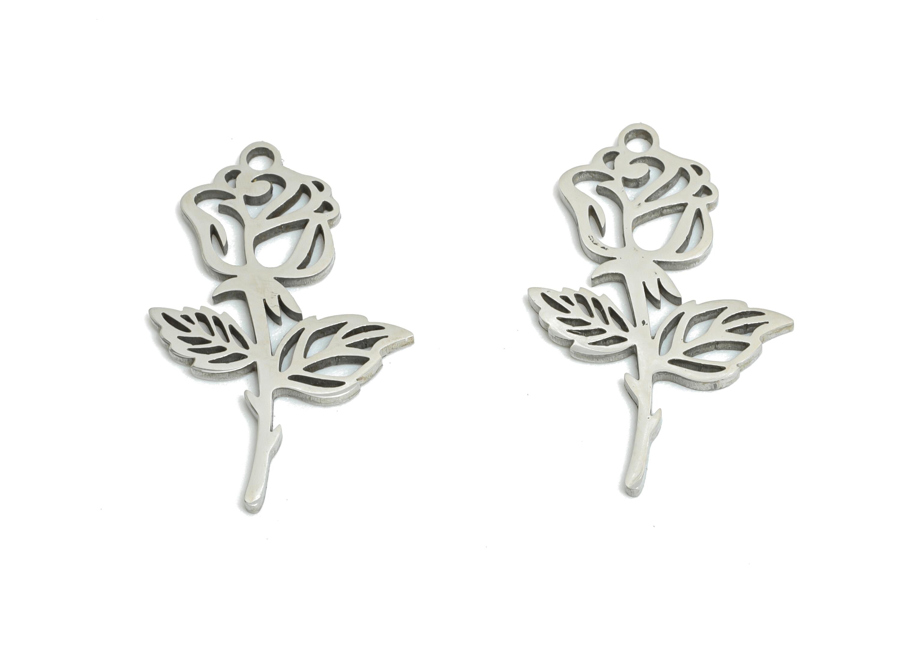 Stainless Steel Rose Charm - Stainless Steel Floral Charm - Dainty Flower Hollow Charm - Stainless Steel Pendant - 19x10x0.98mm - SS2510 - DOMEDBAZAAR
