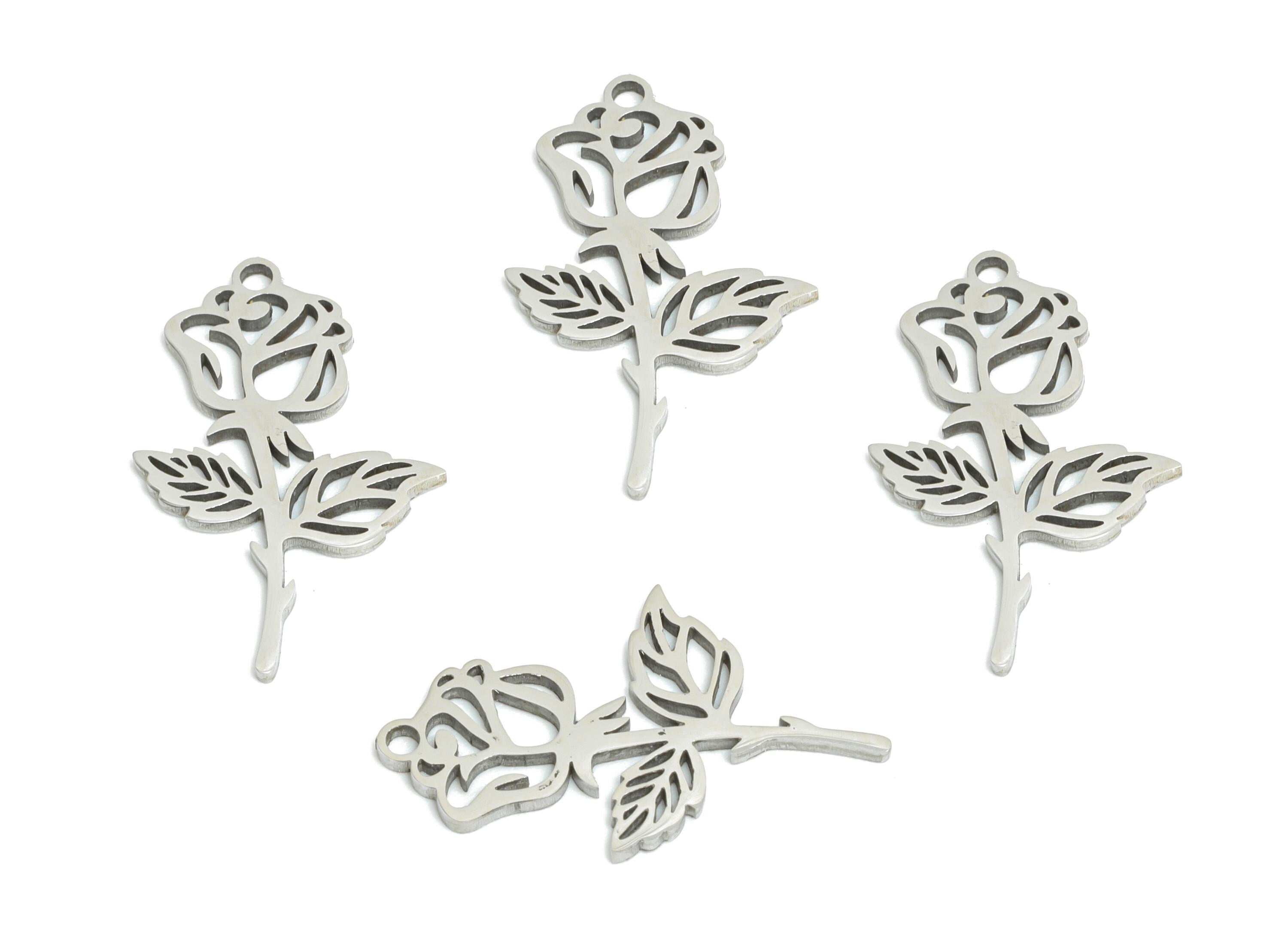 Stainless Steel Rose Charm - Stainless Steel Floral Charm - Dainty Flower Hollow Charm - Stainless Steel Pendant - 19x10x0.98mm - SS2510 - DOMEDBAZAAR