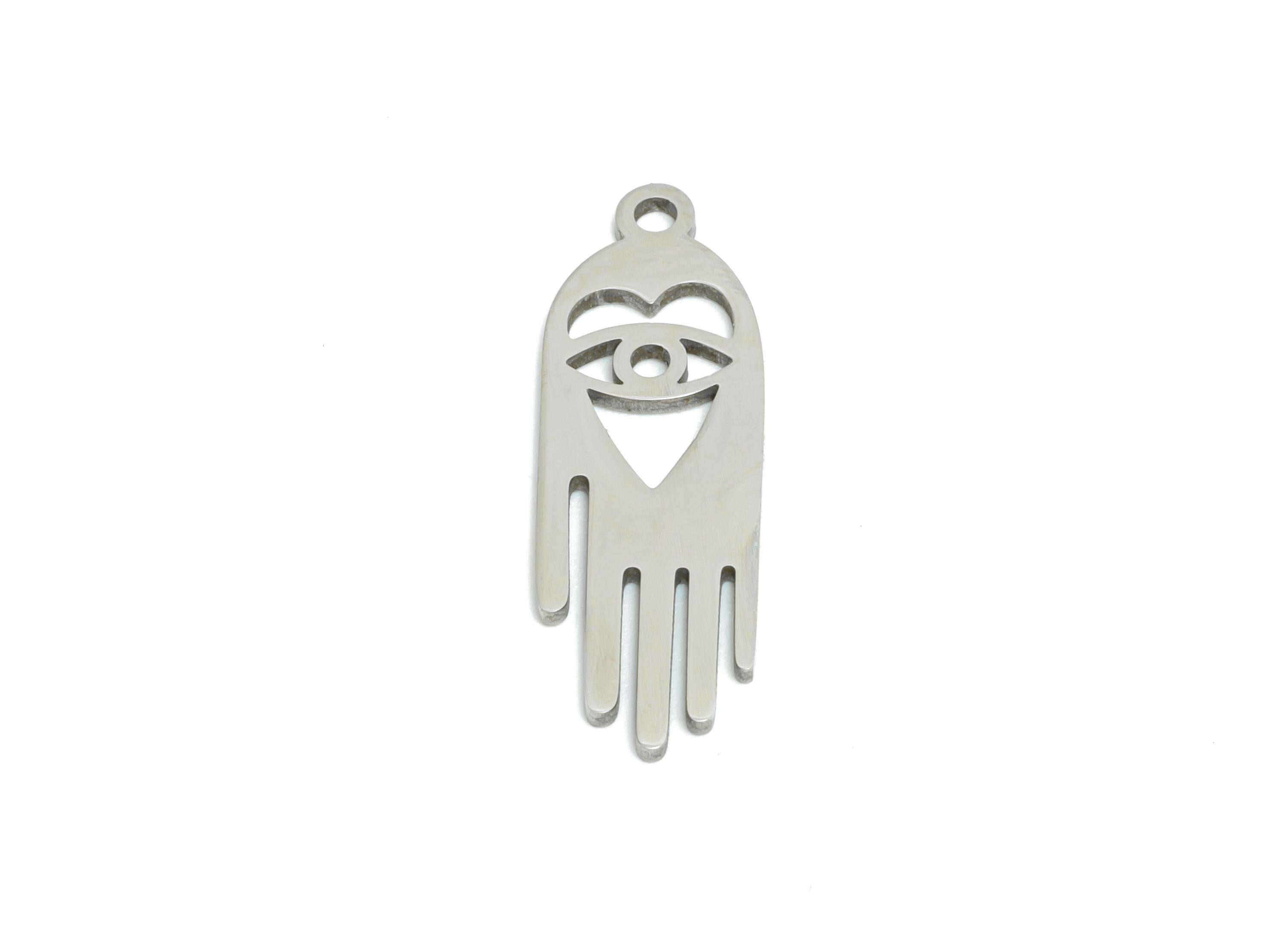 Steel Hamsa Hand Pendant - Vintage Evil Eye Protection Charm for DIY Jewelry - Sacred Protective Symbol Jewelry - 23.86x7.84x0.98mm - SS2495 - DOMEDBAZAAR