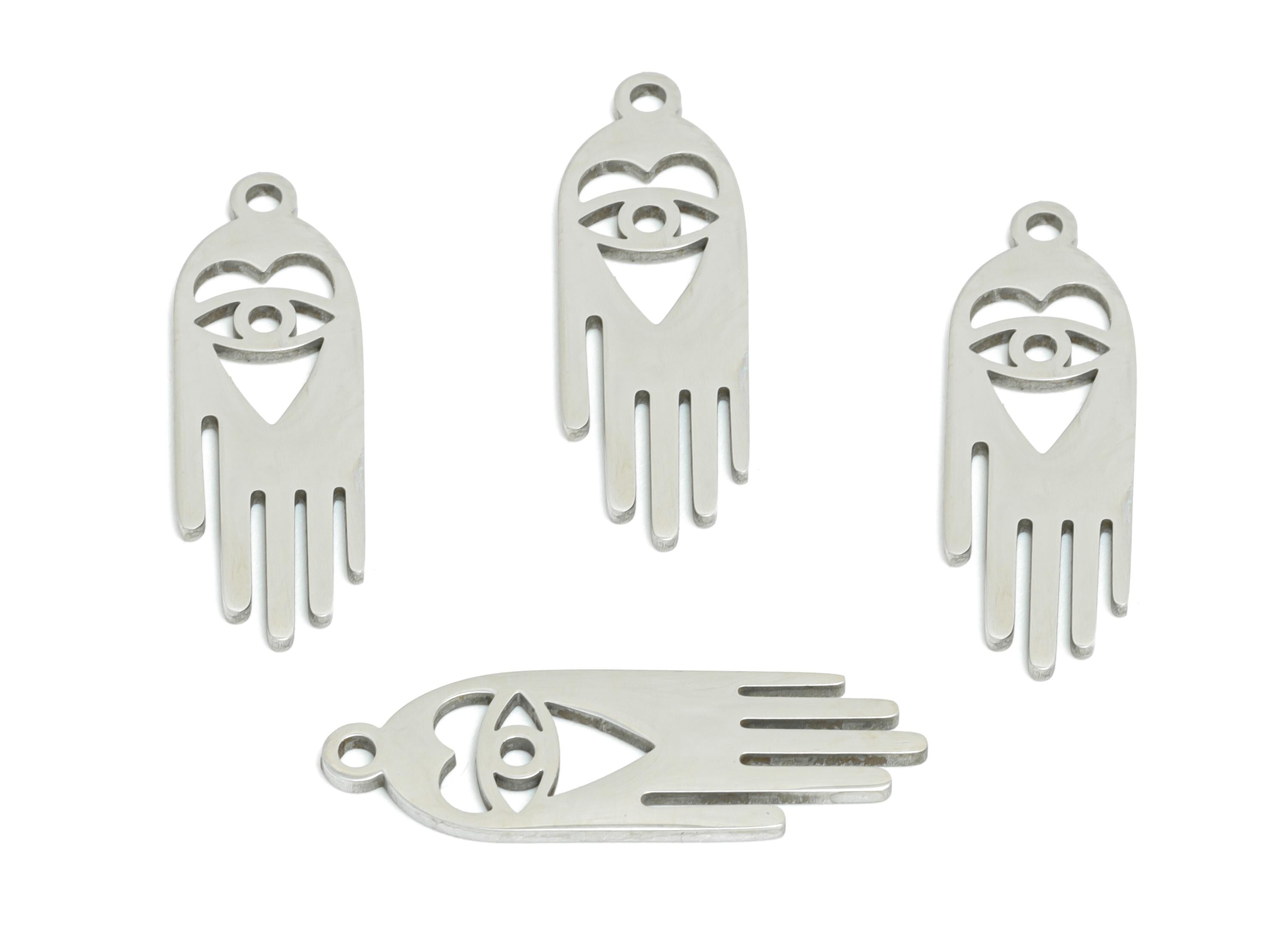 Steel Hamsa Hand Pendant - Vintage Evil Eye Protection Charm for DIY Jewelry - Sacred Protective Symbol Jewelry - 23.86x7.84x0.98mm - SS2495 - DOMEDBAZAAR