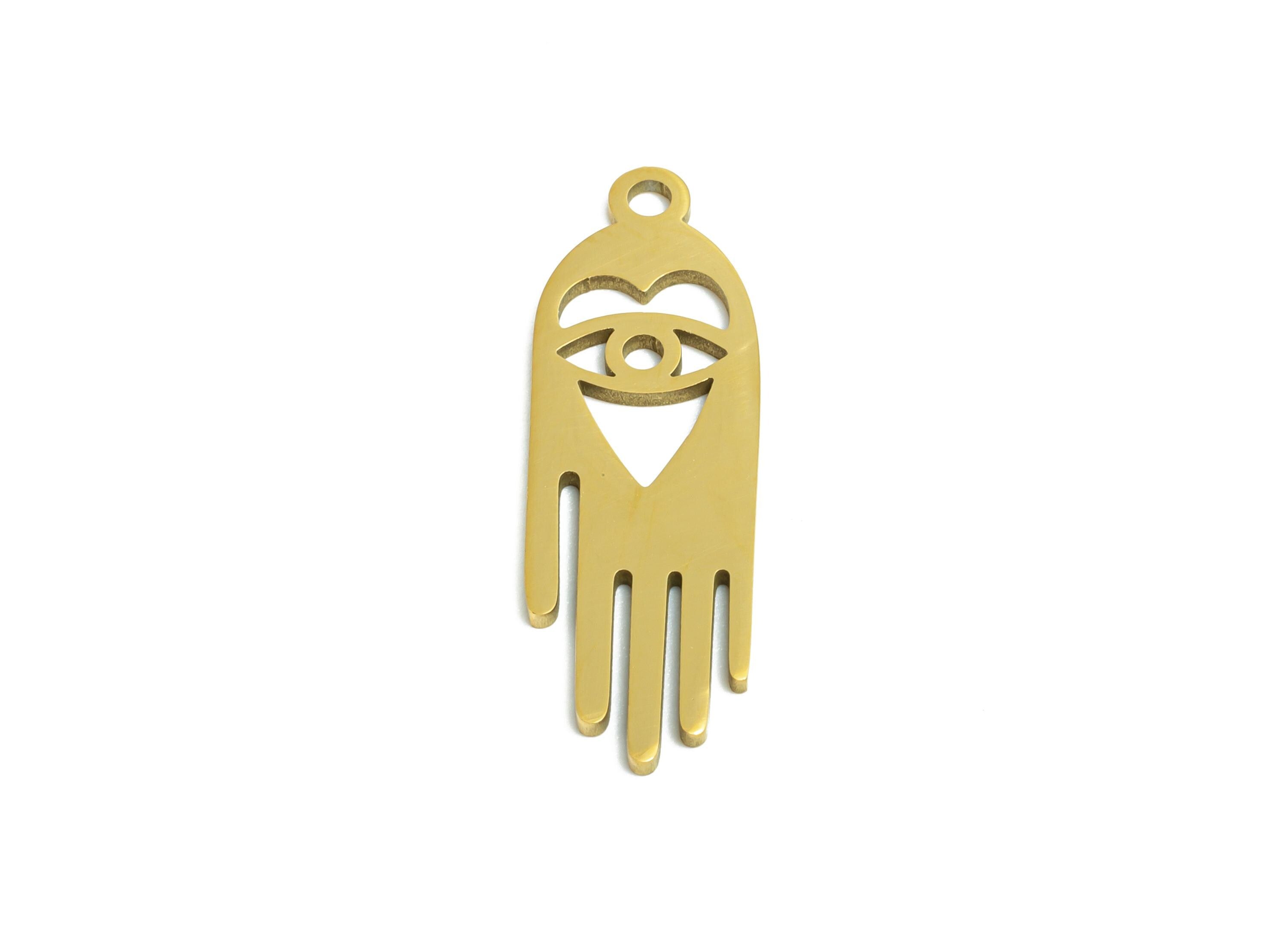 Steel Hamsa Hand Pendant - Vintage Evil Eye Protection Charm - Sacred Protective Symbol Jewelry -18K Vacuum Plated -23.9x7.8x0.98mm -SS2495G - DOMEDBAZAAR