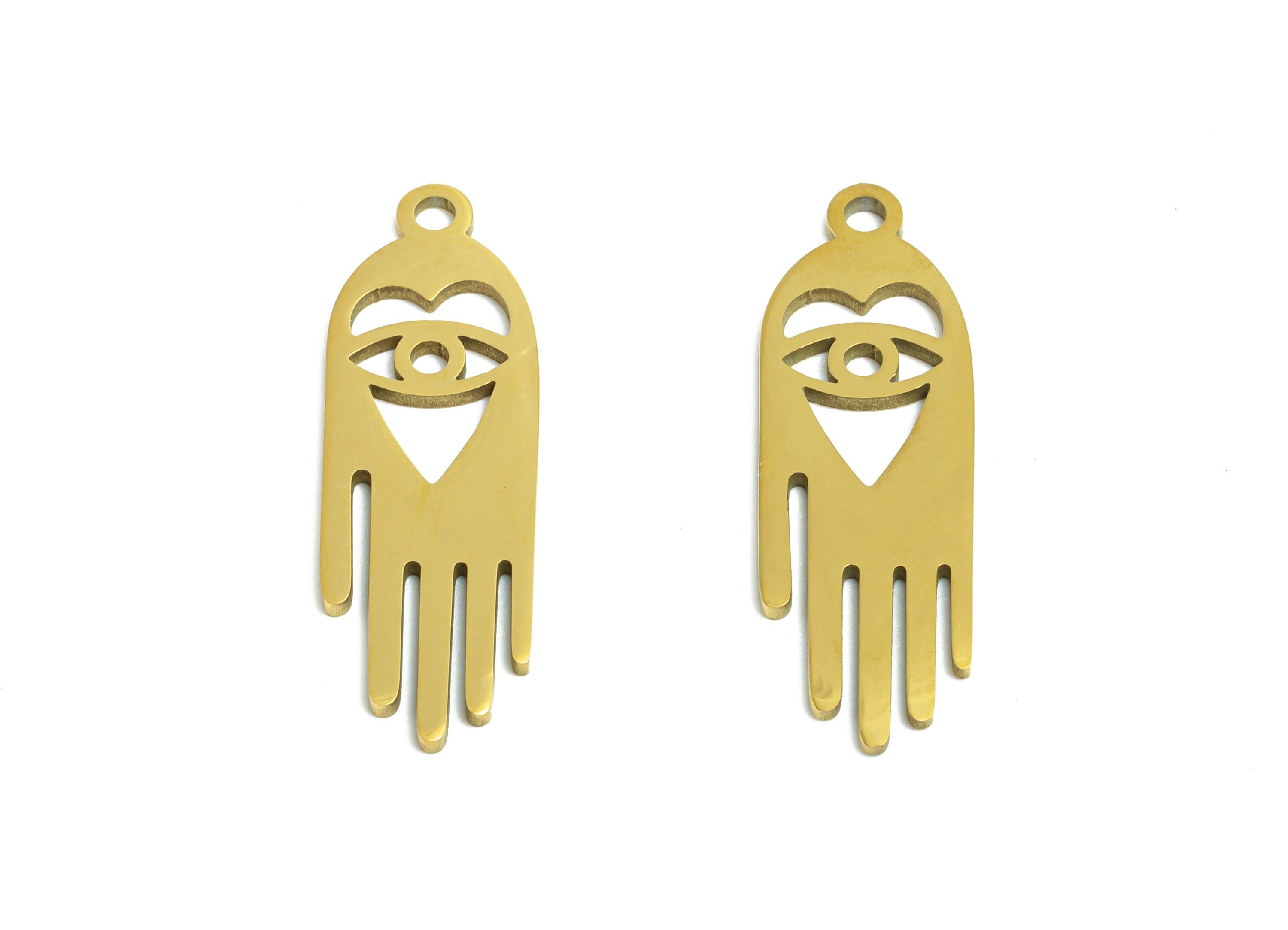 Steel Hamsa Hand Pendant - Vintage Evil Eye Protection Charm - Sacred Protective Symbol Jewelry -18K Vacuum Plated -23.9x7.8x0.98mm -SS2495G - DOMEDBAZAAR