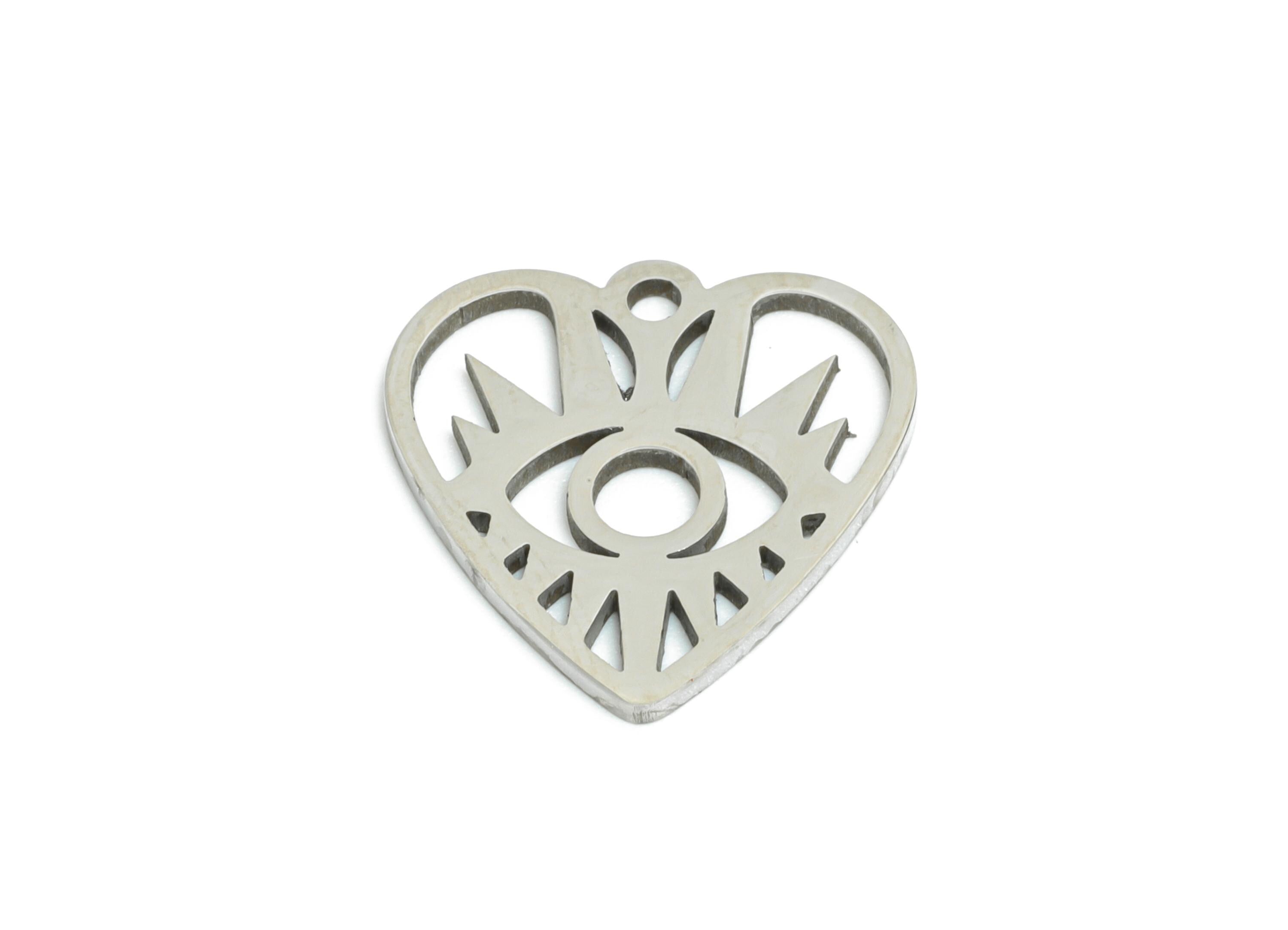 Steel Heart Eye Pendant - Vintage Evil Eye Protection Charm for DIY Jewelry - Mystic Protective Symbol Jewelry - 14.8x14.33x0.98mm - SS2484 - DOMEDBAZAAR