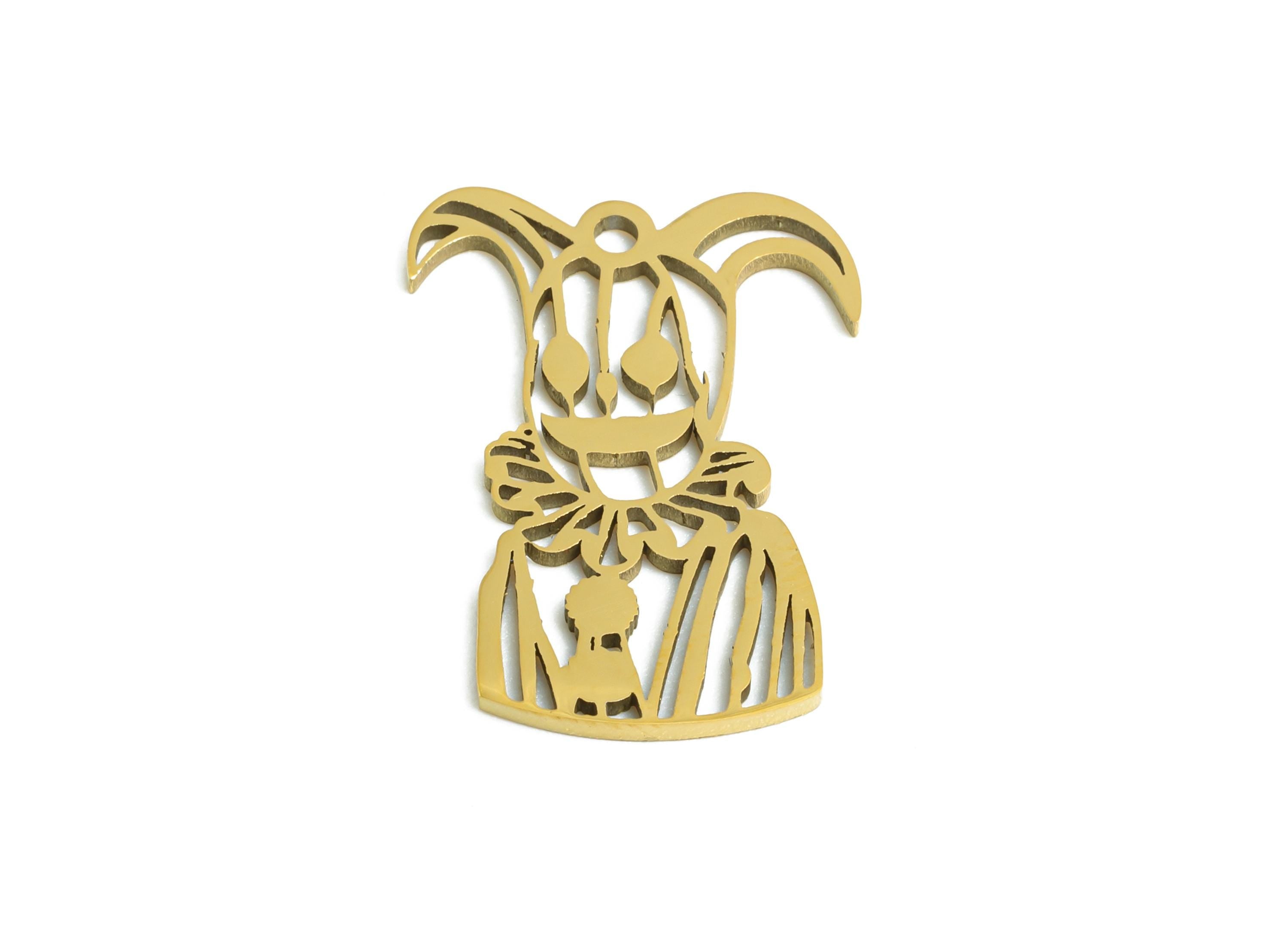 Steel Jester Pendant - Vintage Circus Clown Pendant - Halloween Mardi Gras Joker DIY Jewelry - 18K Vacuum Plated - 17.8x12.9x0.98mm -SS2491G - DOMEDBAZAAR