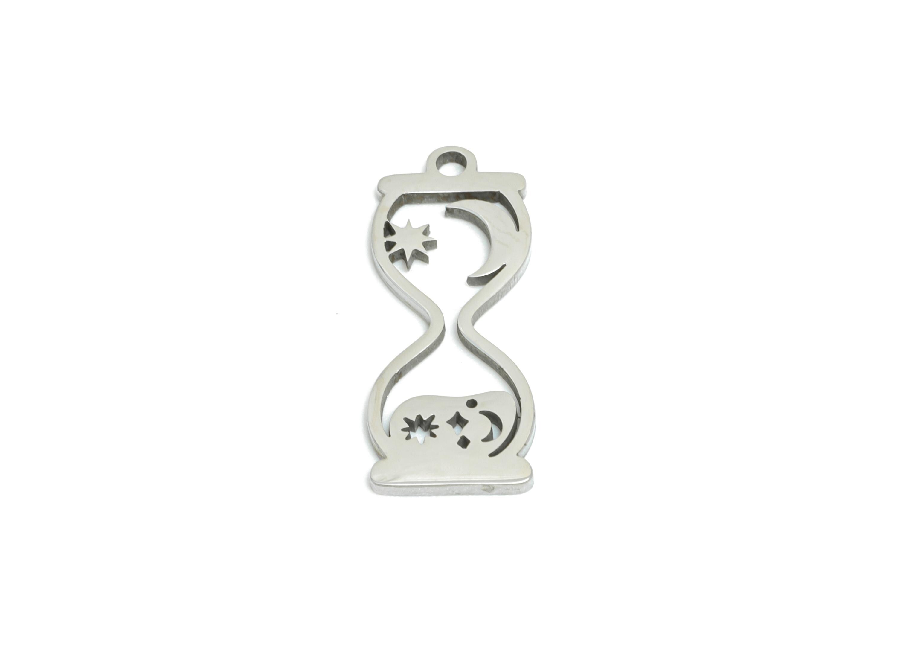 Steel Hourglass Pendant - Celestial Star Moon Hourglass Charm - Laser Cut Hourglass Design - Symbolic Time Jewelry - 17.8x7x0.98mm - SS2492 - DOMEDBAZAAR