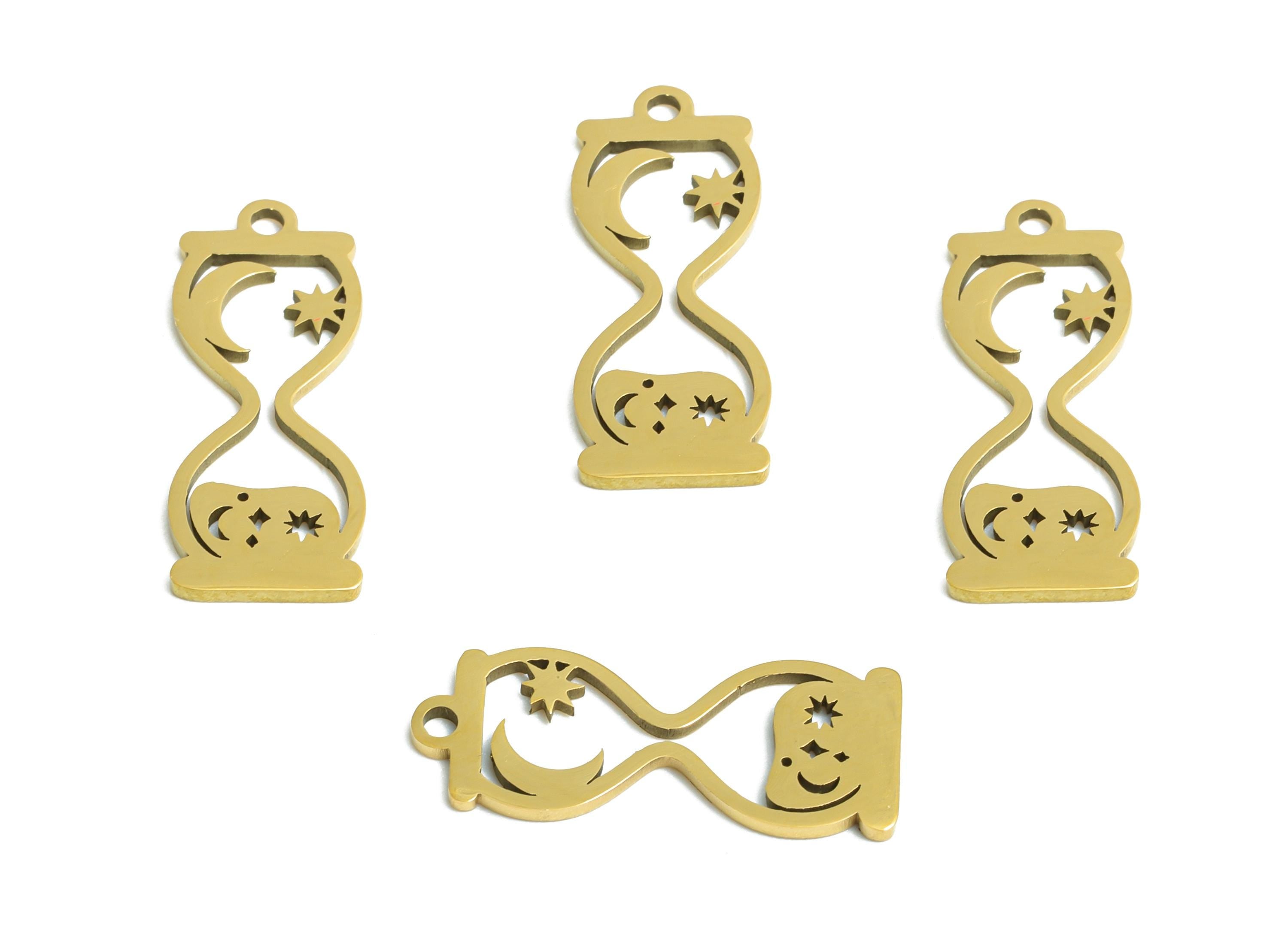 Steel Hourglass Pendant - Celestial Star Moon Hourglass Charm - Symbolic Time Hourglass Design - 18K Vacuum Plated - 17.8x7x0.98mm - SS2492G - DOMEDBAZAAR