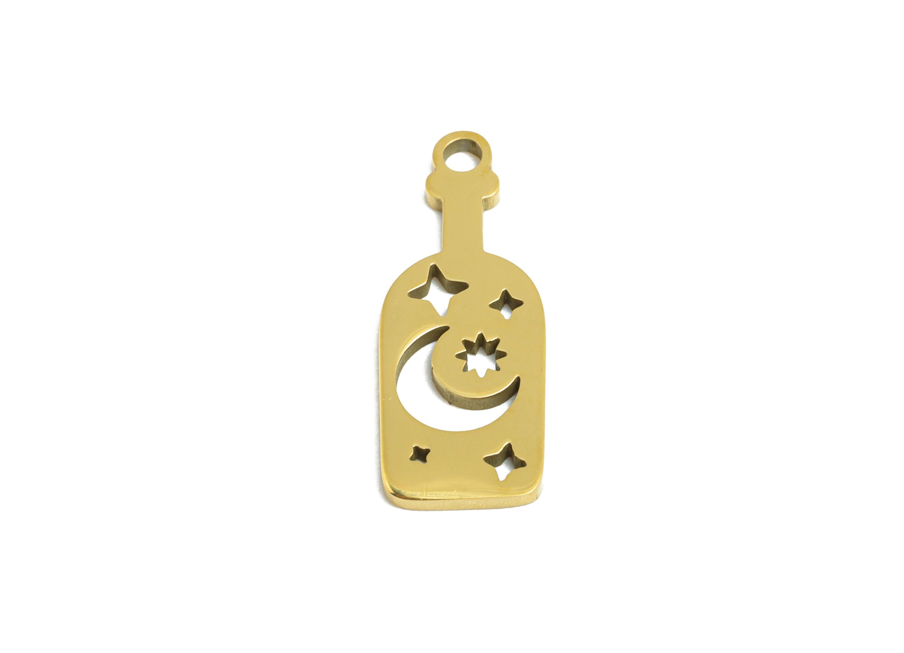 Steel Bottle Pendant - Celestial Star Moon Bottle Charm - Laser Cut Magic Elixir Bottle Design - 18K Vacuum Plated - 16x6.2x0.98mm - SS2477G - DOMEDBAZAAR