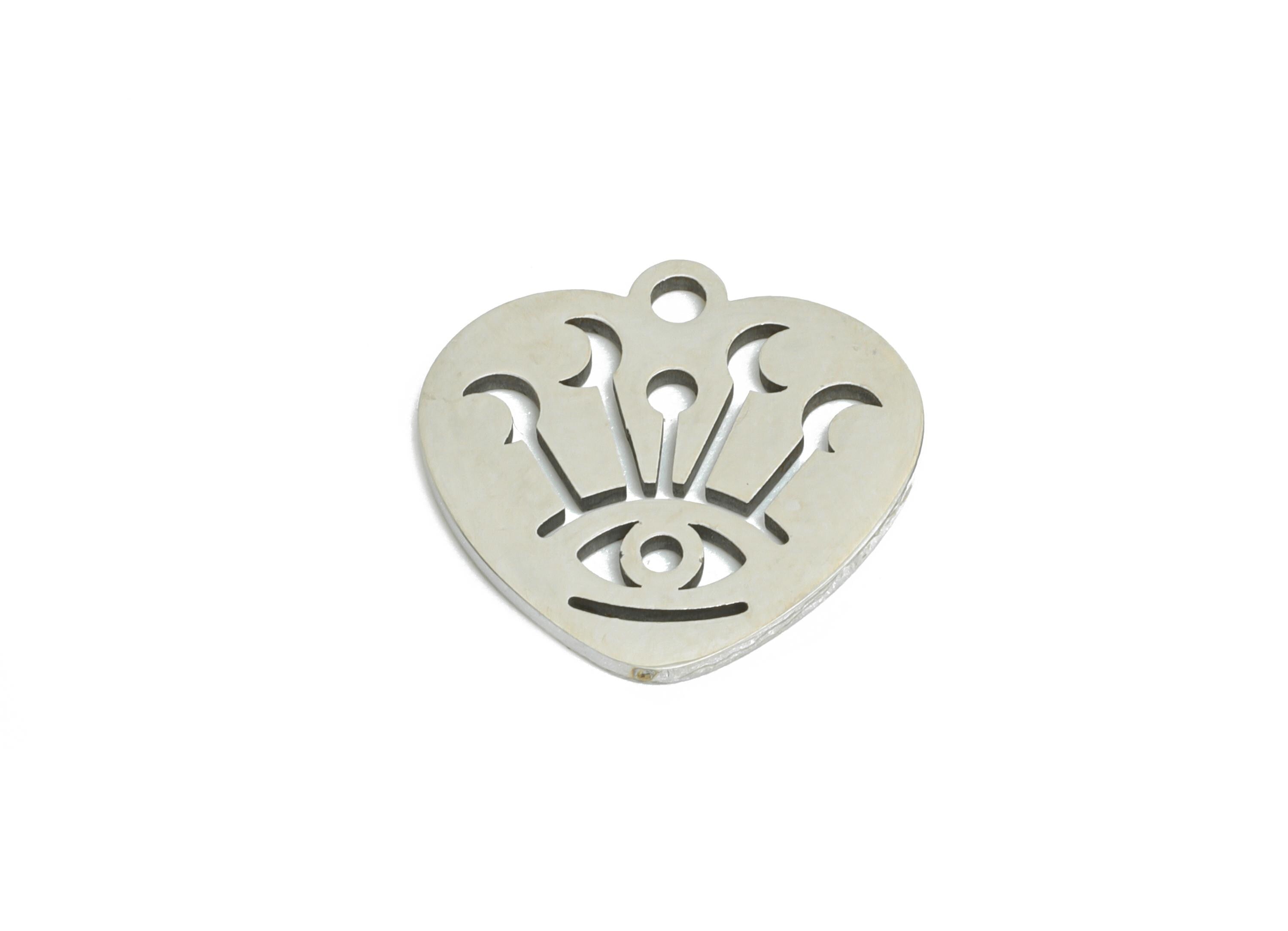 Steel Heart Eye Pendant - Celestial Moon Evil Eye Protection Charm for DIY - Mystic Protective Symbol Jewelry - 14.56x13.8x0.98mm - SS2497 - DOMEDBAZAAR